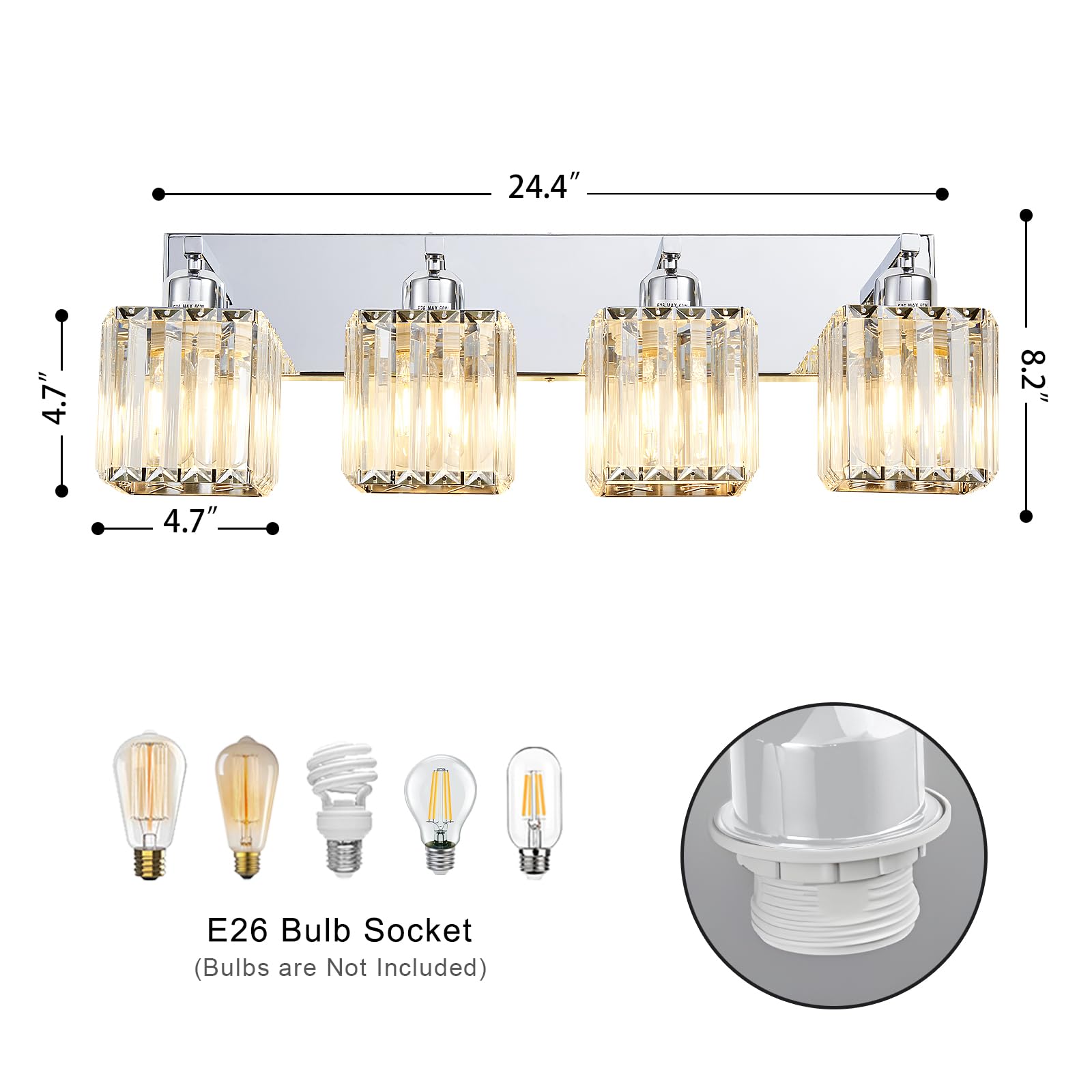 Aixialin 4-Light Chrome Bathroom Vanity Light Fixture, Modern Crystal Design, Model 600-100-1020, Metal Material