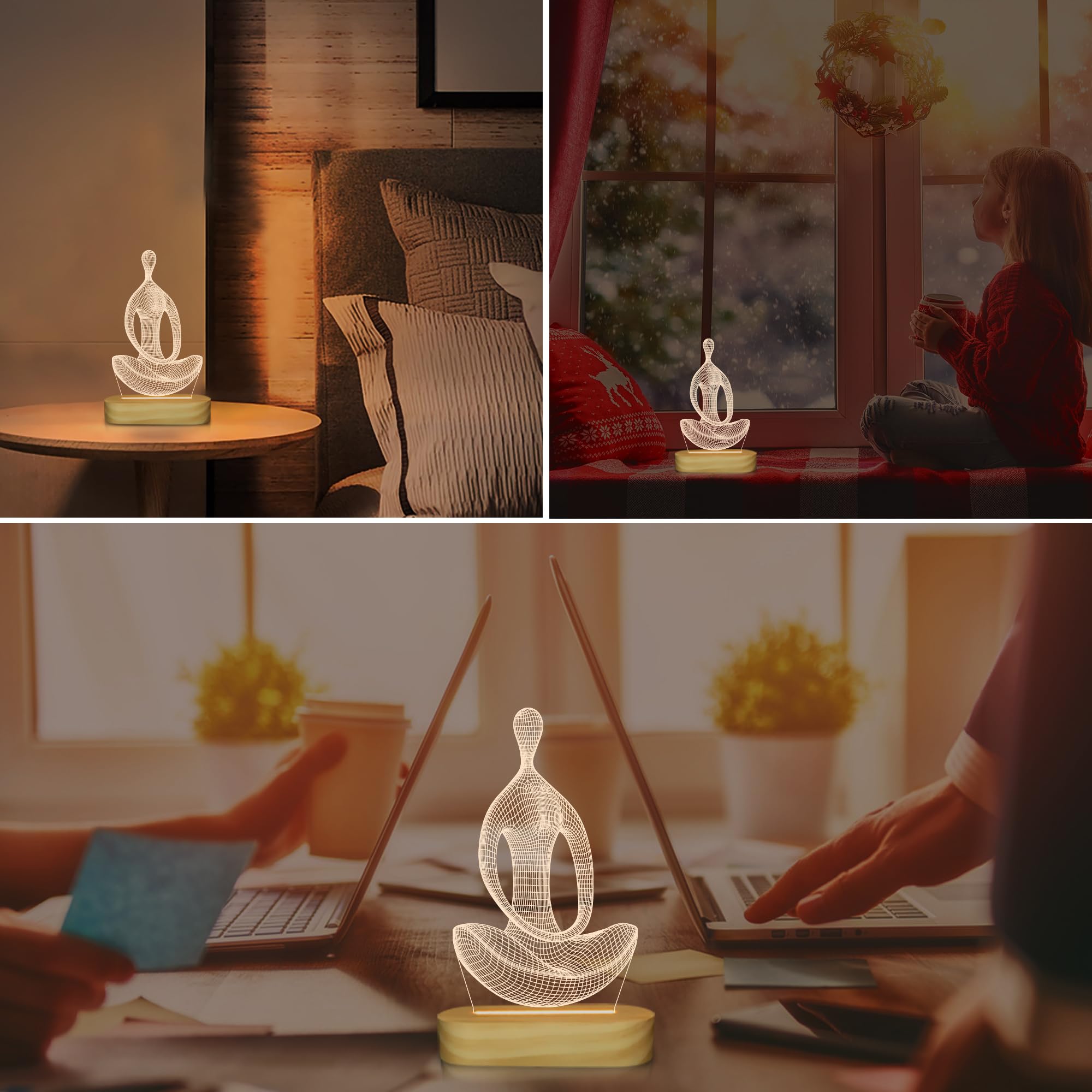 Lightzz Yoga Lamp - LED 3D Night Light for Meditation - Wood Base, Yellow - Model FS-XMX001-9999, Perfect Gift for Girls & Women