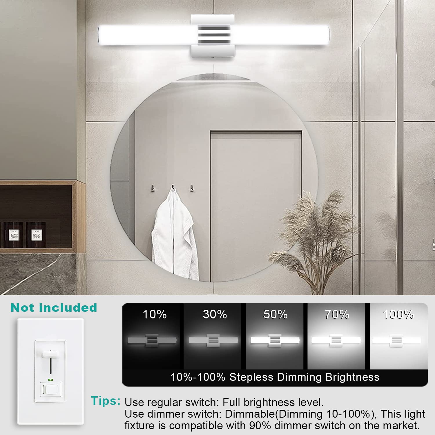 Trlife Led Bathroom Vanity Light 24In, Dimmable 12W Cool White, Stainless Steel, Model Vanityled-60Cm