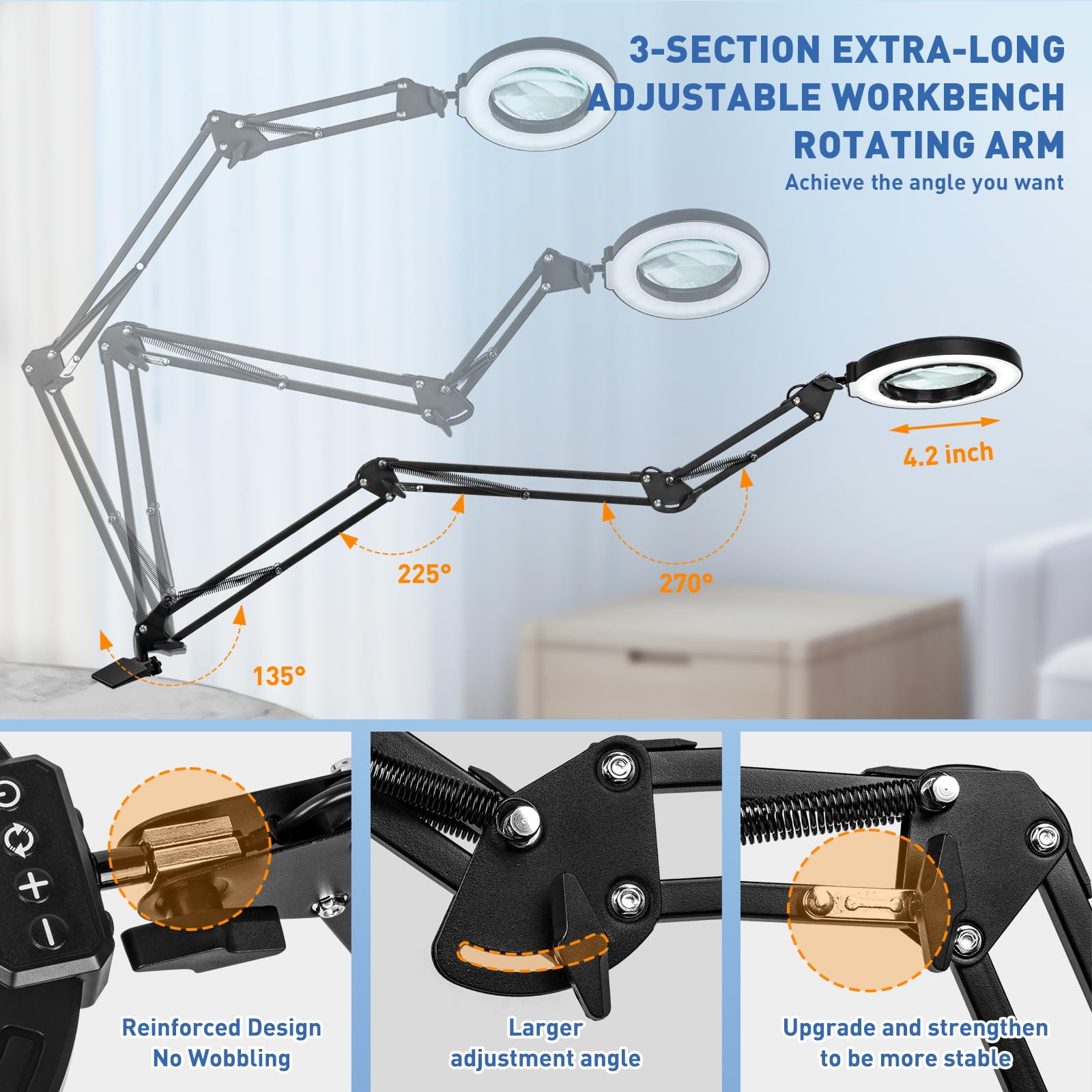 HITTI 12X Magnifying Glass with Light, Black, 10X Glass, Model AJ-3JB, Stepless Dimming, Clamp & Swivel Arm for Craft & Reading