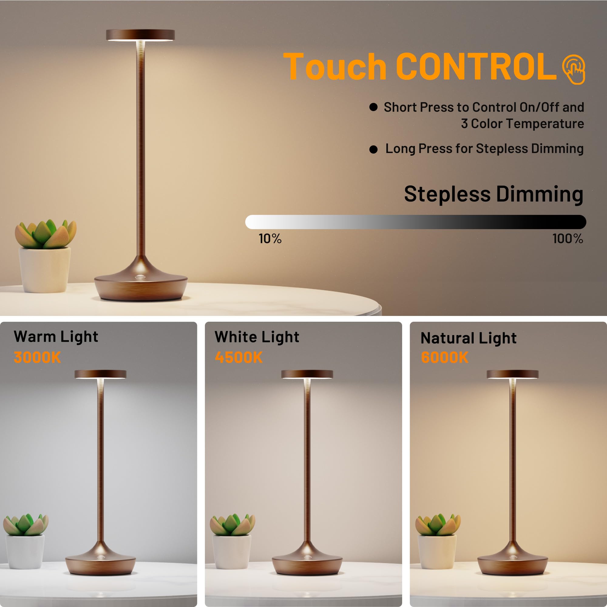 YHT Cordless LED Desk Lamp, 6000mAh Battery, Waterproof, Dimmable, Portable, Brown 2P, Model X86