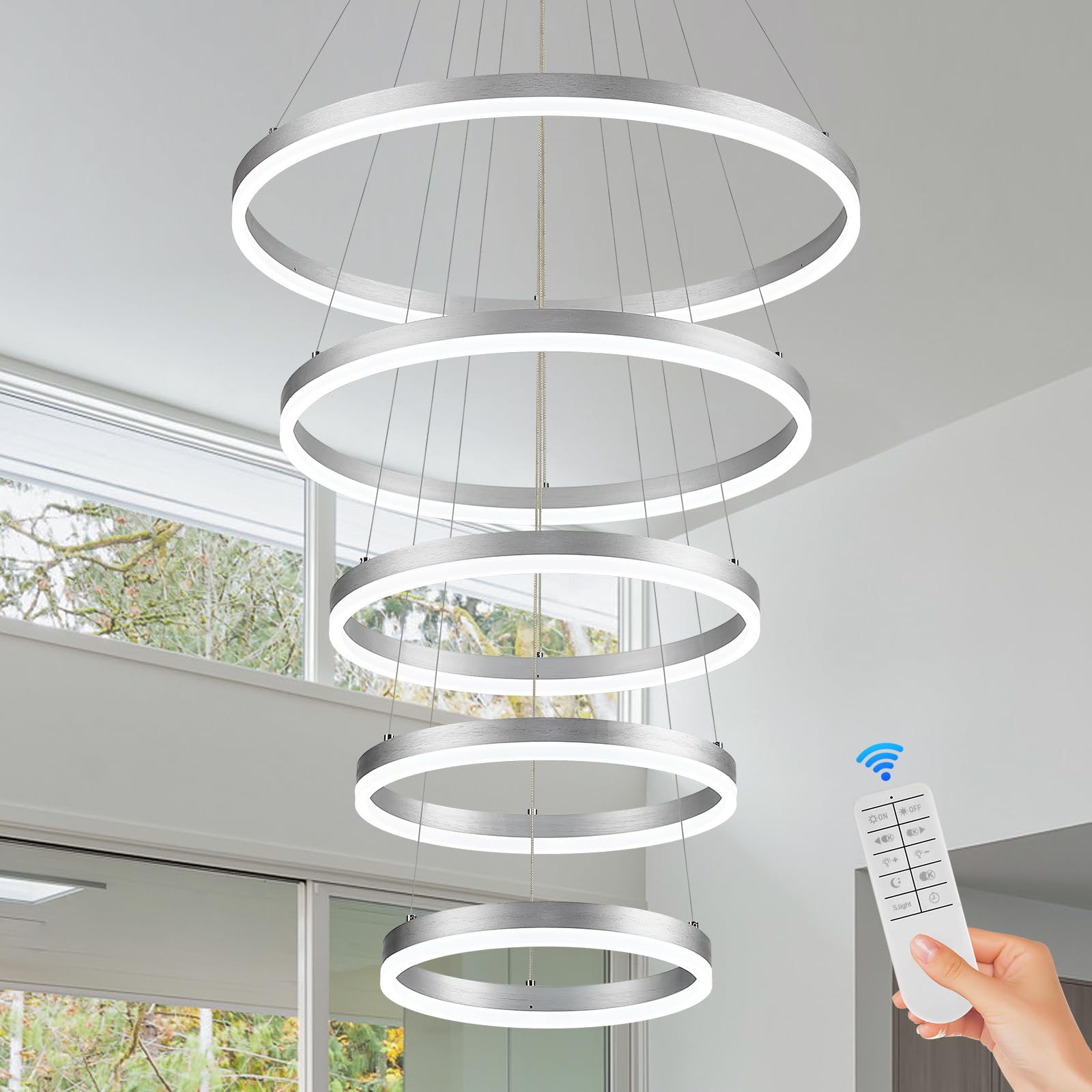 Benkut 5-Rings Modern Led Chandelier Silver High Ceiling Chandelier With Remote Control Dimmable Contemporary Chandeliers For Dining Room Foyer Living Room Entryway Staircase(3000K-6500K, D23.6’’)