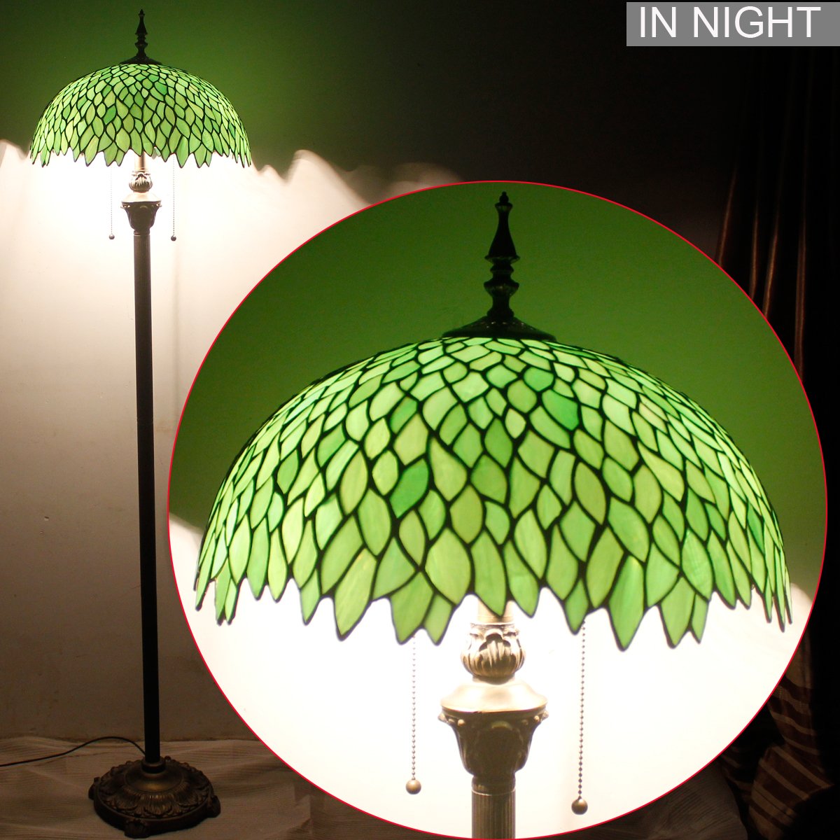 WERFACTORY Tiffany Lamp Shade Replacement, Green Stained Glass, 16x7 Inch, Wisteria Design for Table/Floor/Ceiling Fixtures
