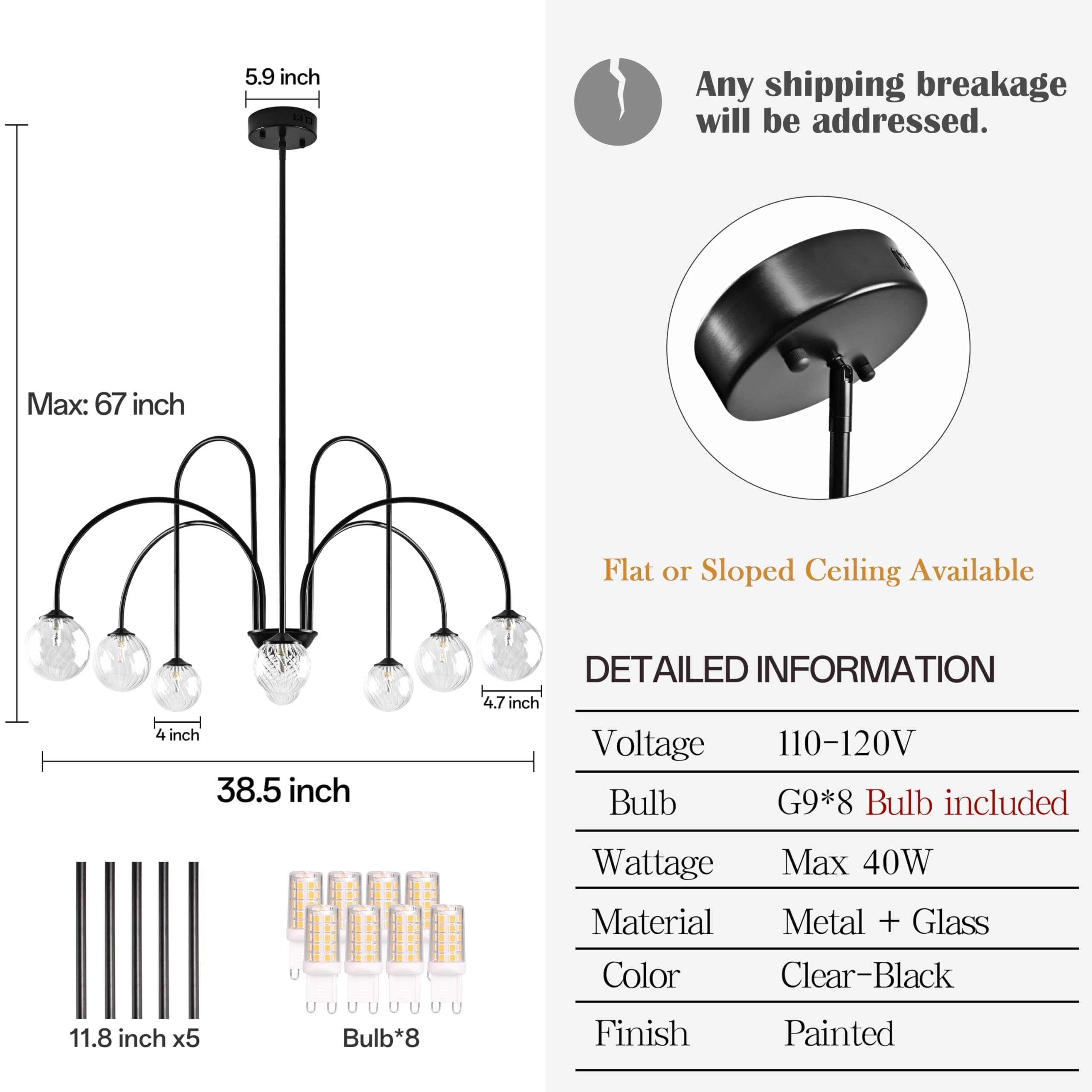 Bagood 8-Light Black Sputnik Chandelier, 38.5” Clear Glass Shade, Metal Fixture, Model DGQ-U08-QH for Bedroom Kitchen