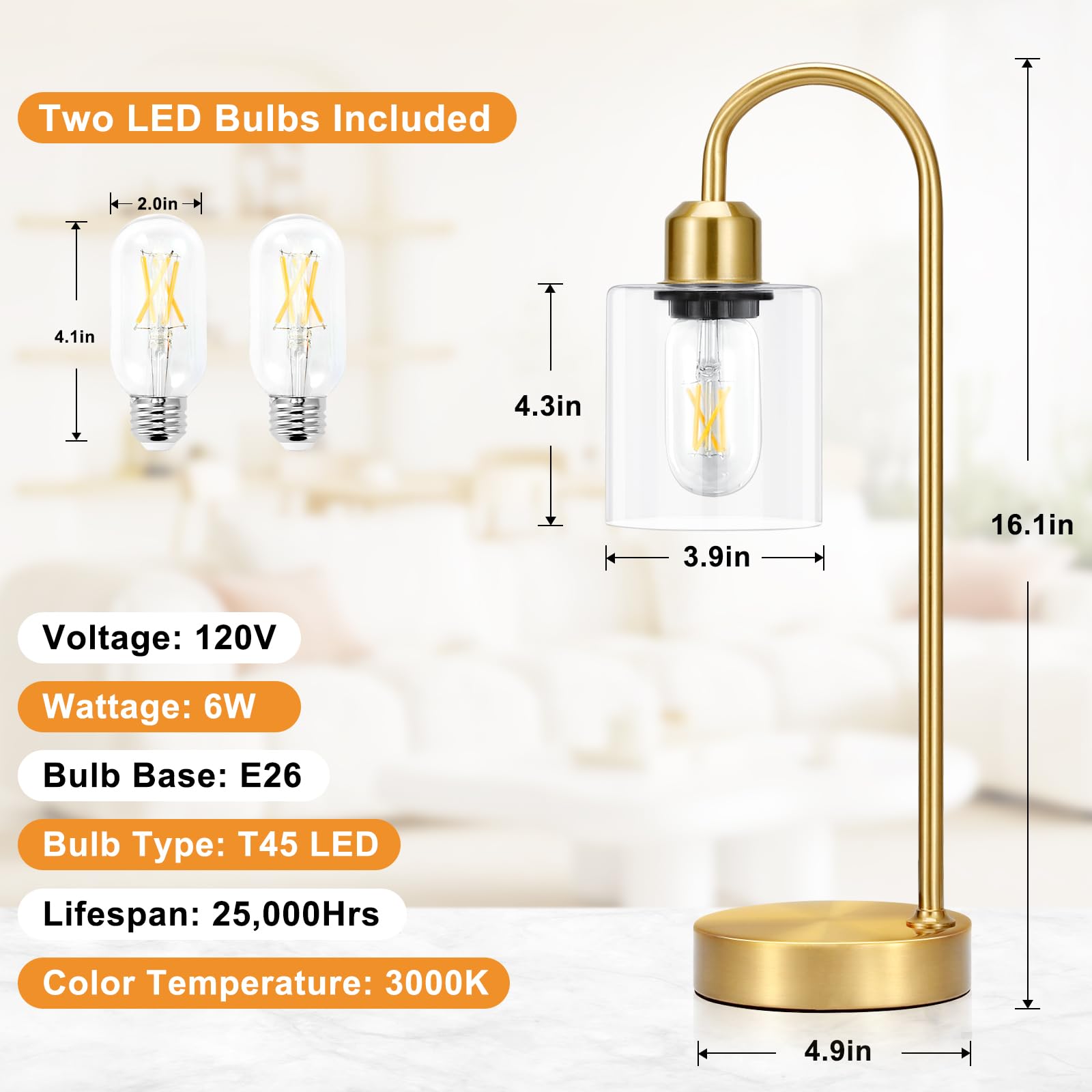 Innqoo Industrial Gold Table Lamps Set of 2 - 3-Way Dimmable, Glass Shade, USB Ports, Bedside Lighting, Model Gold Lamp-1, A-Clear