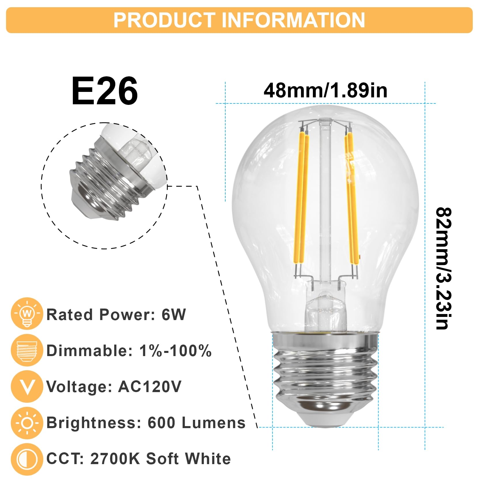 Oraluce Dimmable Led Light Bulbs Soft White 2700K, A15 Edison Bulbs 60 Watt Equivalent, G45 E26 Bulb 6W 600 Lumens For Ceiling F