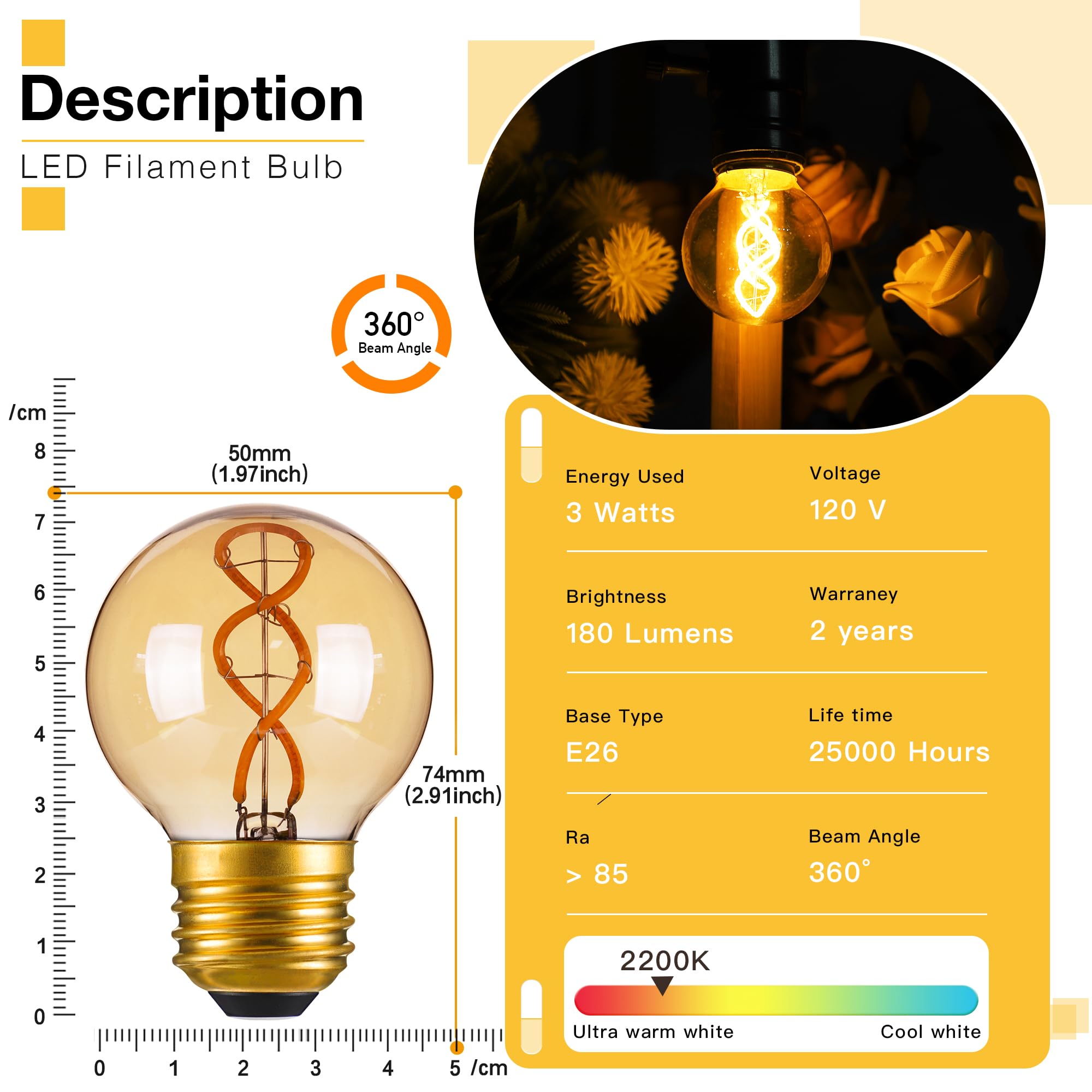 Genixgreen Dimmable E26 Amber Led Bulb,Small Edison Light Bulb 25 Watt Equal 3W,G16.5 Antique Globe Spiral Filament Bulb For Van