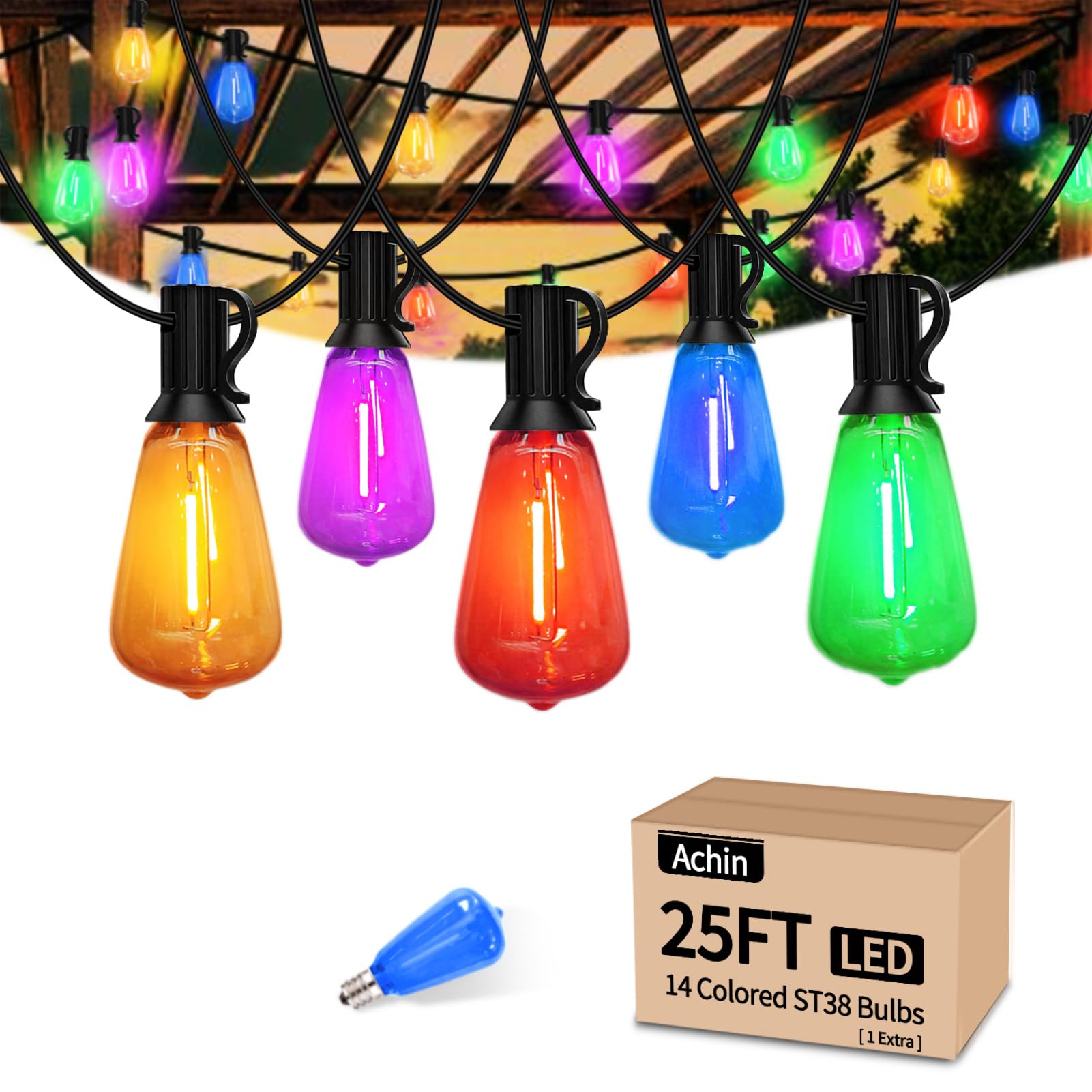 Achin Outdoor String Lights Multicolor - 25FT Colored Patio Lights Waterproof with 13+1 ST38 LED Colorful Bulbs Shatterproof Rai