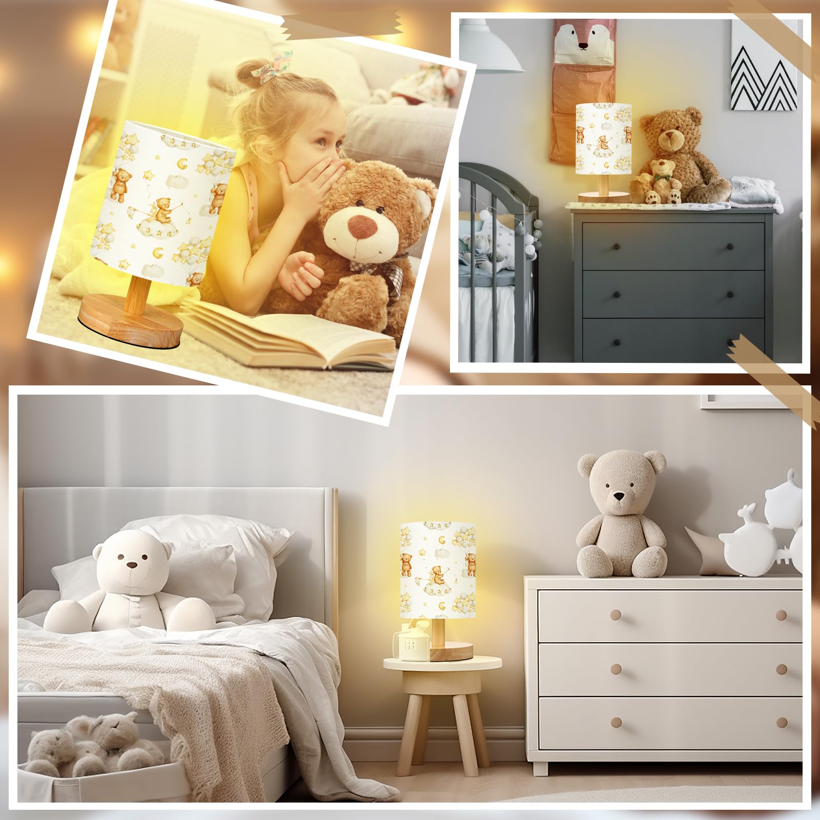 Vihose Bear Table Lamp For Bedroom Kids Bedside Lamp With Linen Wooden Nightstand Lamp Cartoon Nursery Lamp Lampshade For Girls