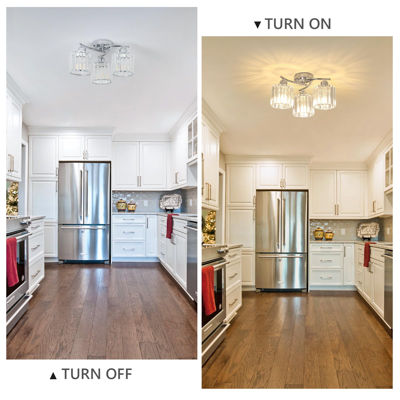 Crystal Close To Ceiling Light Fixtures 3-Light Chrome Modern Semi Flush Mount Ceiling Light Kitchen Light Fixture With Clear Crystal Shades Hallway Lighting Fixture For Entryway Bedroom Bathroom