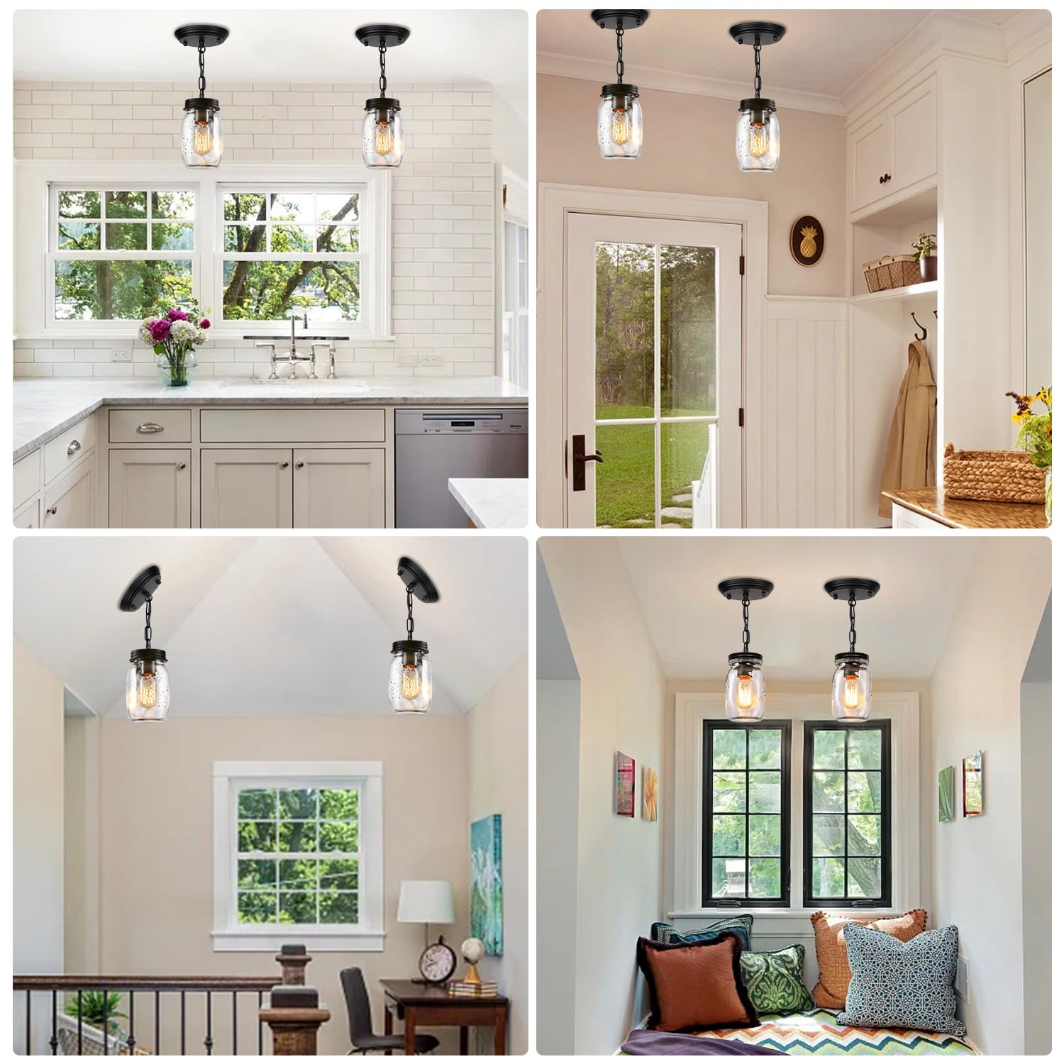 PUZHI HOME Mason Jar Light Fixture, 1-Light Pendant Lighting, Glass, Black, Model PZ-GP-002, Farmhouse Style for Dining Room and Foyer