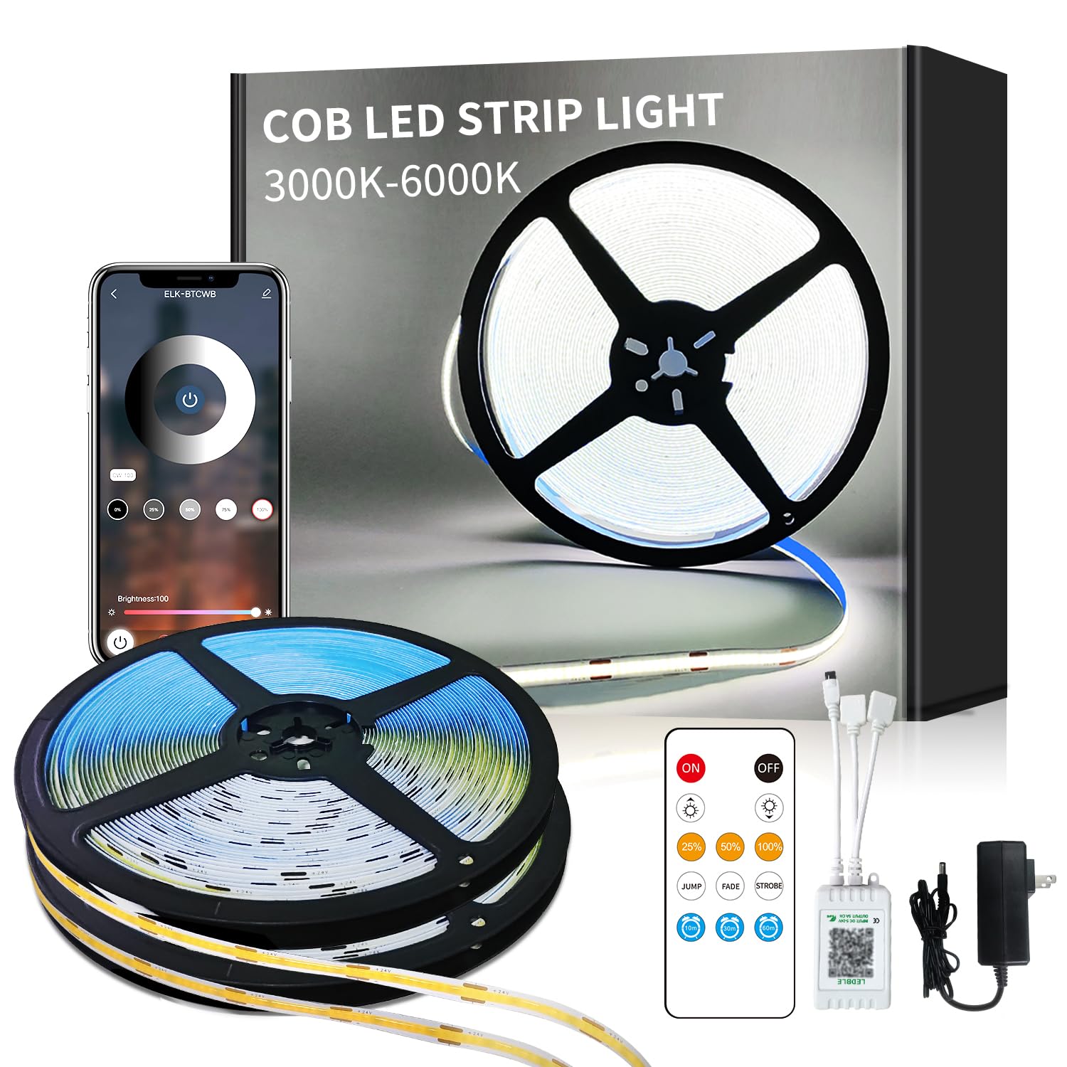 Yeewhale Cob Led Strip Lights 100Ft,6000K Dc 24V Dimmable White Flexible Led Lights Strip For Bedroom,With Remote And App Control Led Rope Lights For Living Room,Shelf,Cabine,Bed