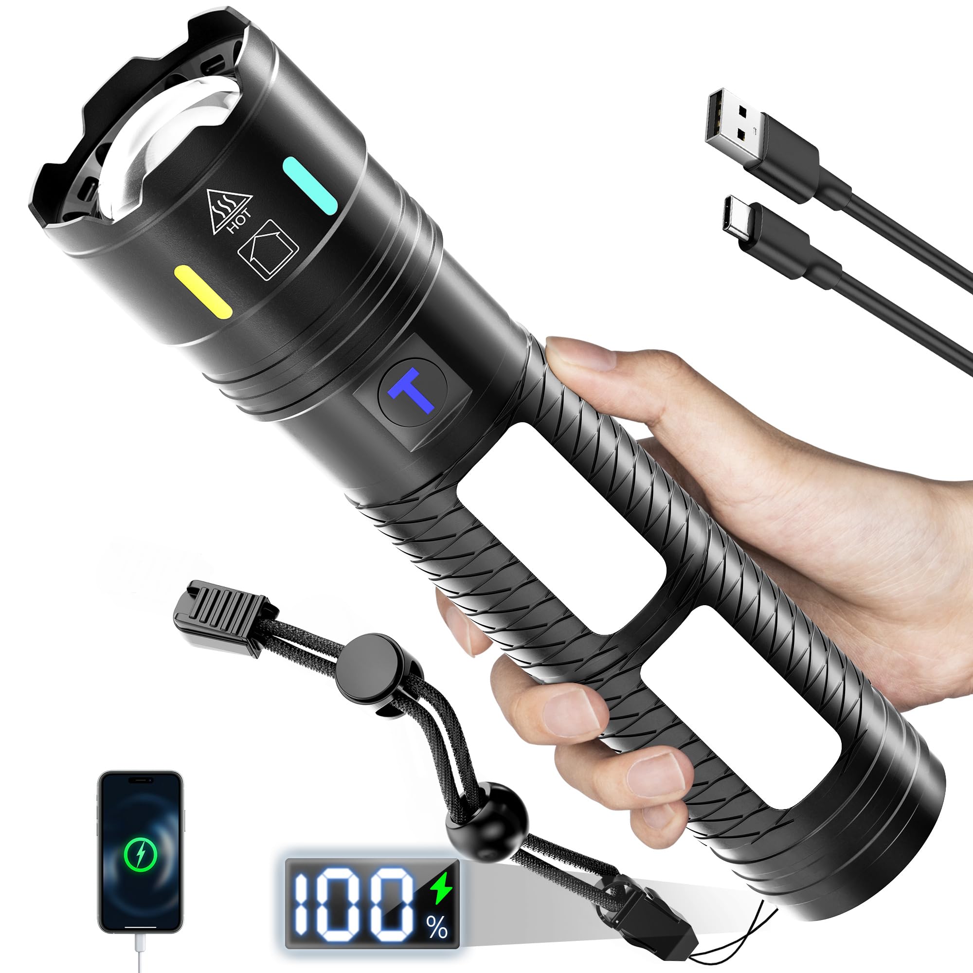 TrixHub Rechargeable Flashlight 990,000 Lumens, 5000ft Range, 4 Modes, Aluminum, Black, Model TH006