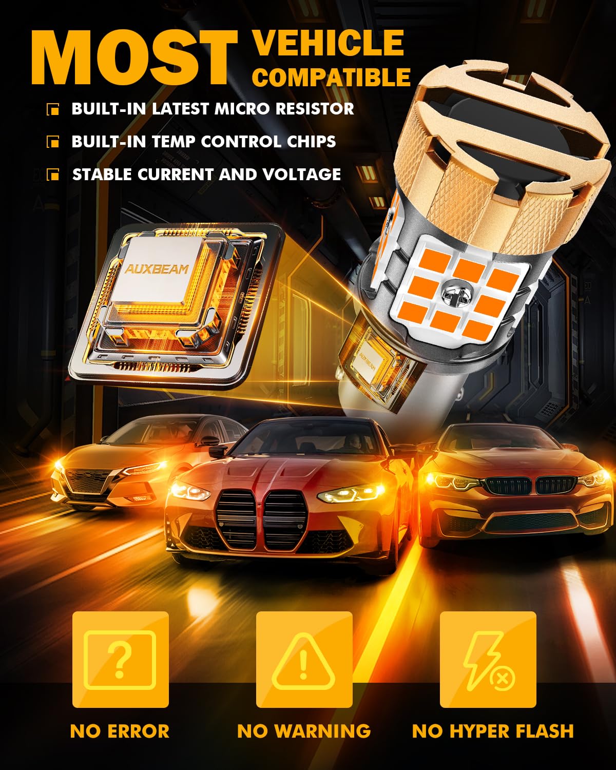 Auxbeam 2025 B21Pro Series 3157 LED Bulbs Amber Yellow with Resistor CANBUS Error Free Anti Hyper Flash T25 3156 3057 3157A 3157