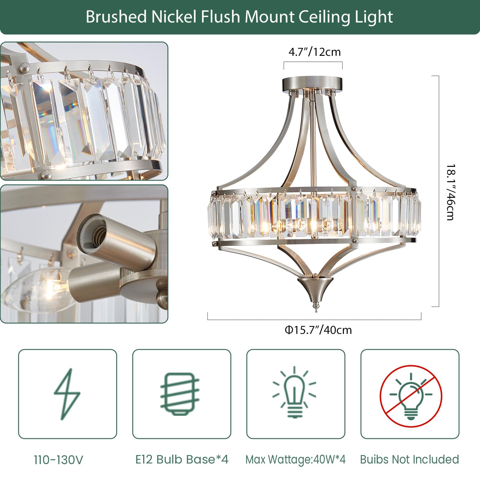 Avzkcy Modern Nickel Chandelier 4-Light Crystal Ceiling Light Fixtures 16 Inches Flush Mount Lamp Suit For Living Room Kitchen I