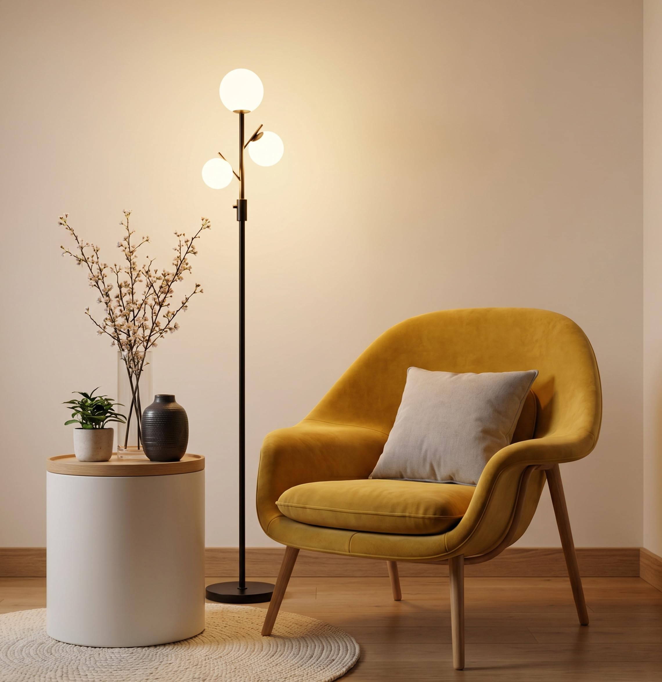 Fiqevs Mid Century Modern 3 Globe Tree Floor Lamp - Dimmable LED Standing Lamp with Bulbs, Warm Light for Living Room Bedroom Of