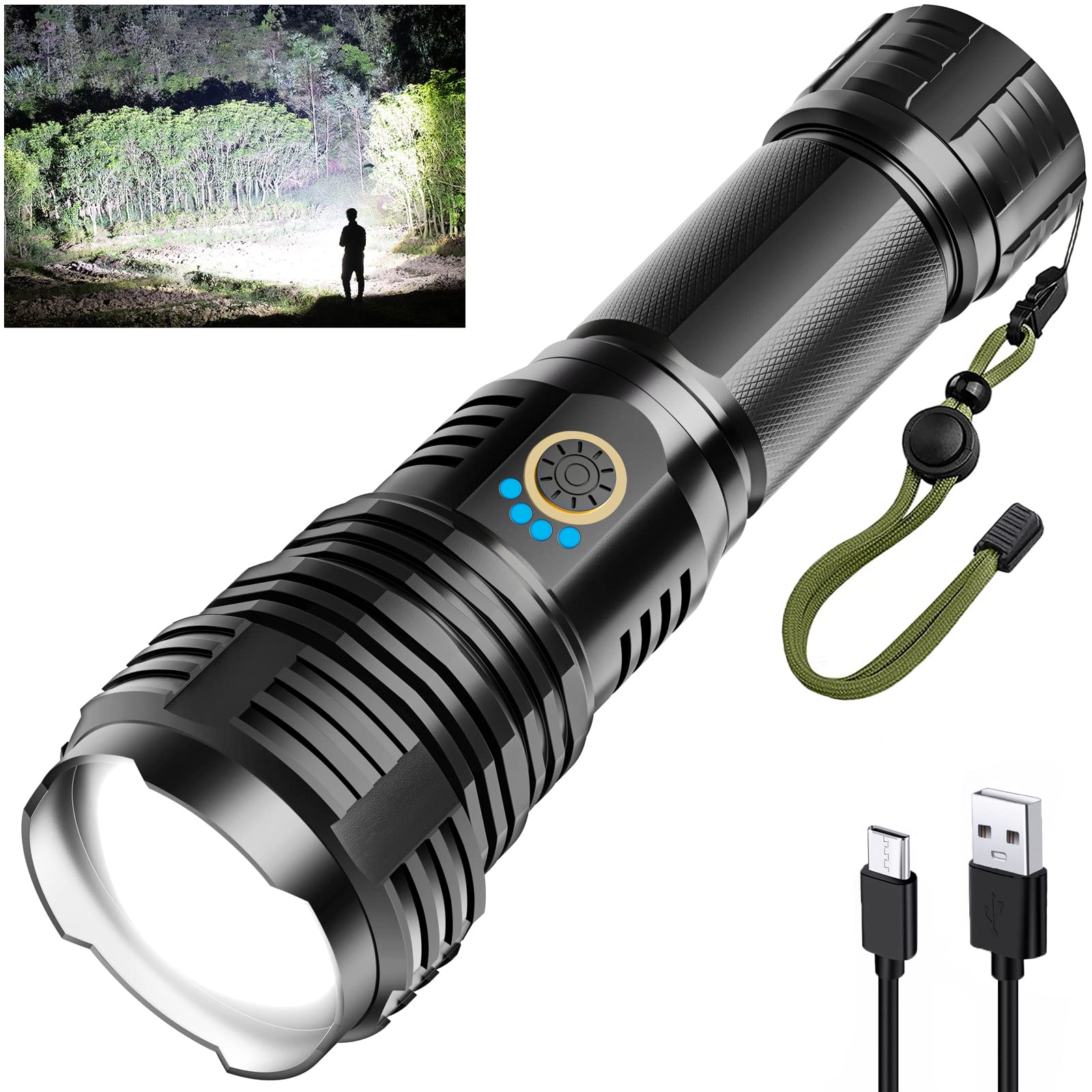 Sinvimes Rechargeable Flashlight P70, 990000LM High Lumens, Zoomable, Waterproof, Black, Aluminum, BM-LITE-K1
