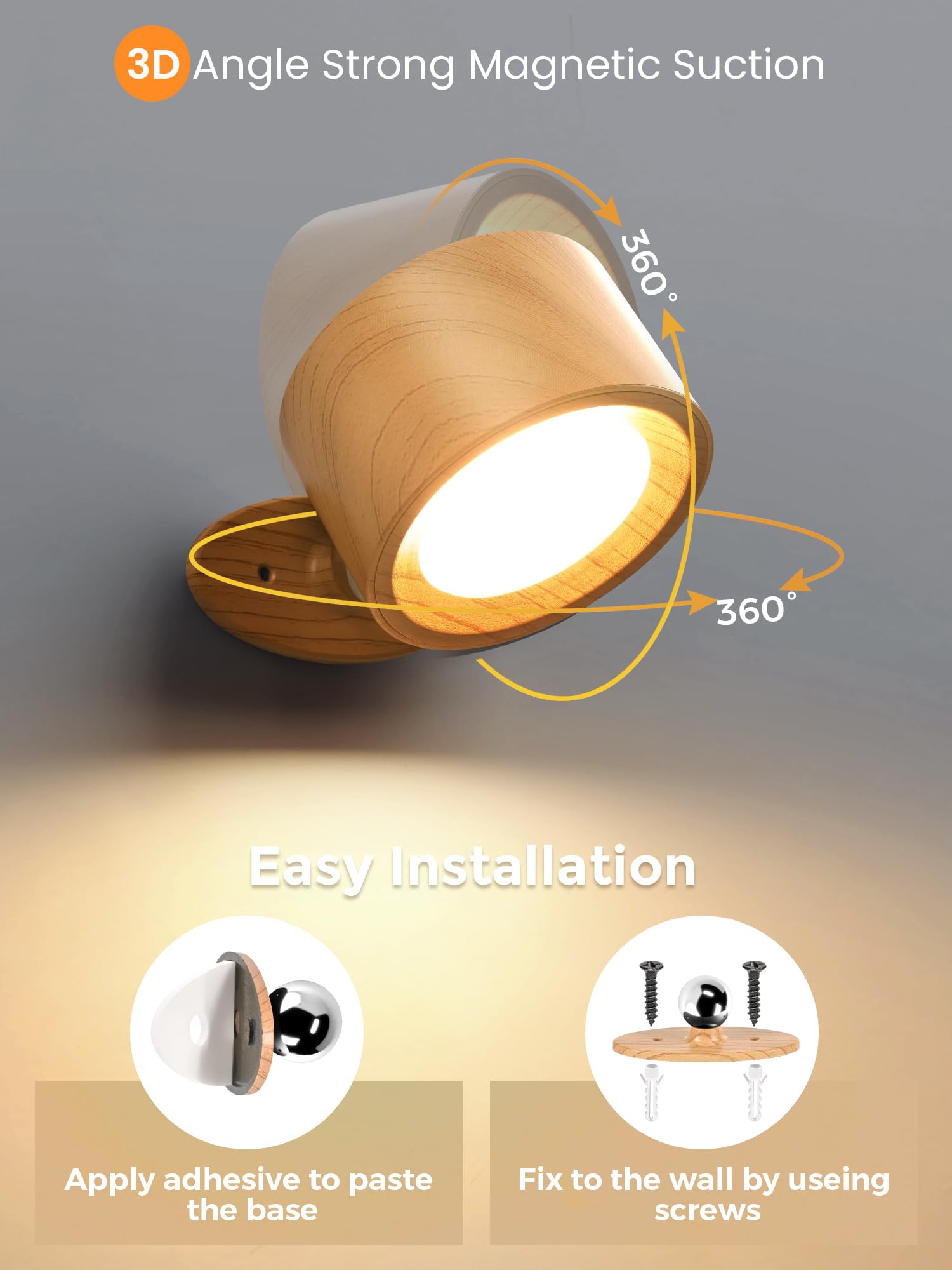 Auderwin Led Wall Lights Set Of 2 Battery Operated Rechargeable Wall Sconces, 3 Color Temperatures & Dimmable, 360 Rotation Magn
