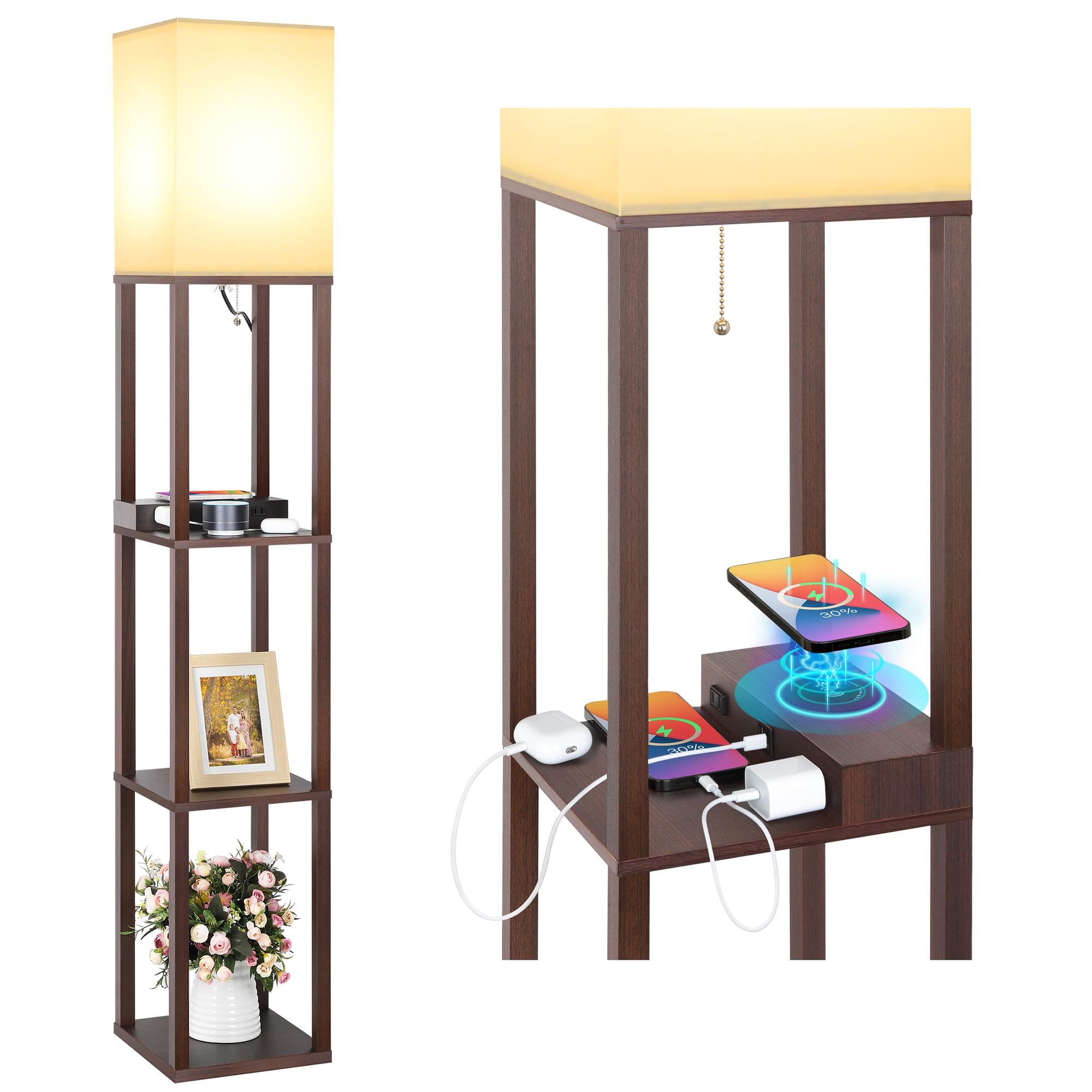 Mlambert Modern LED Shelf Floor Lamp with Wireless Charger, 2 USB Ports, 2 Power Outlets, Brown, Model A-092, Corner Light