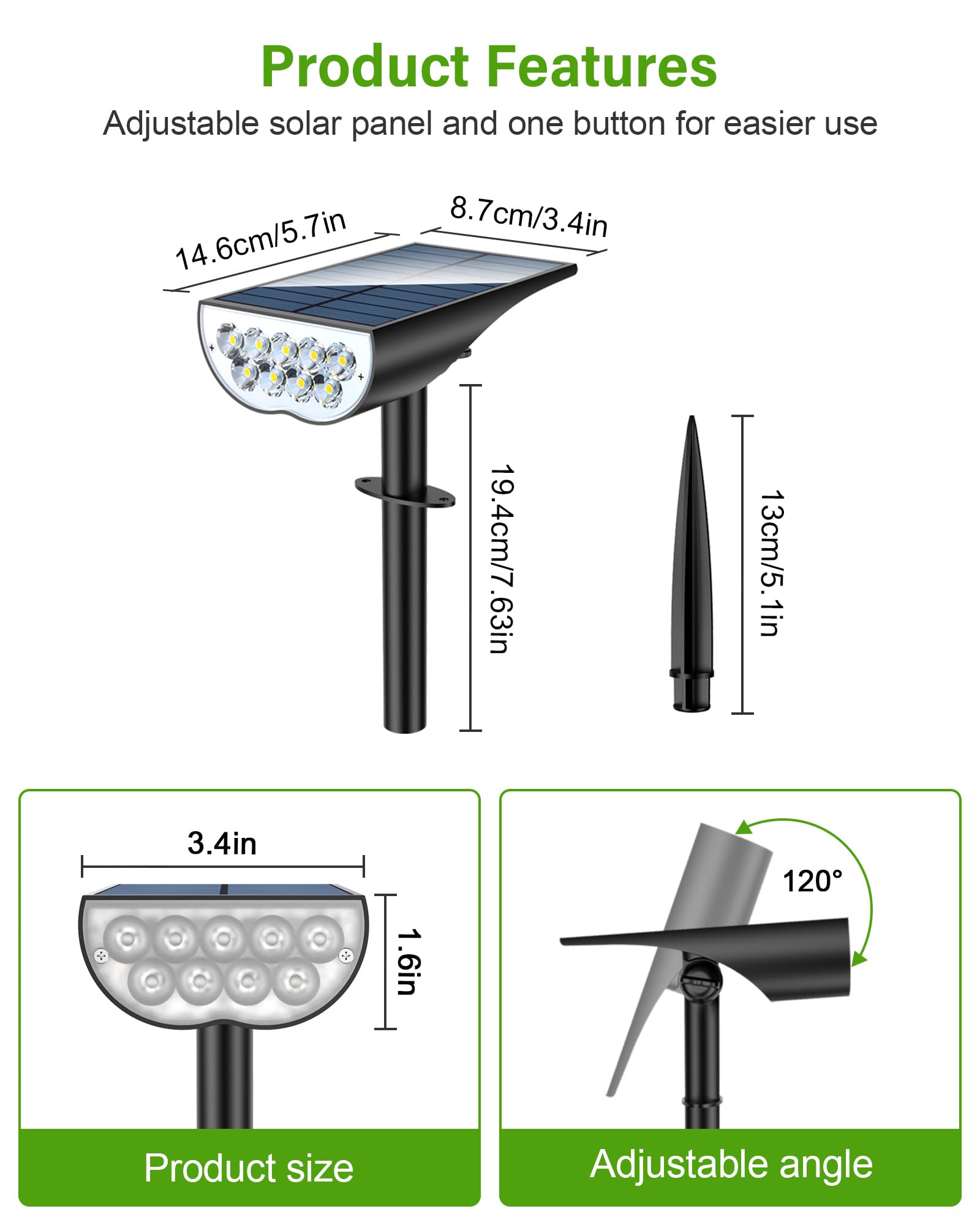 Zookki Solar Spot Lights Outdoor, Waterproof Ip65, 3 Brightness Modes, Cool White, 4 Pack