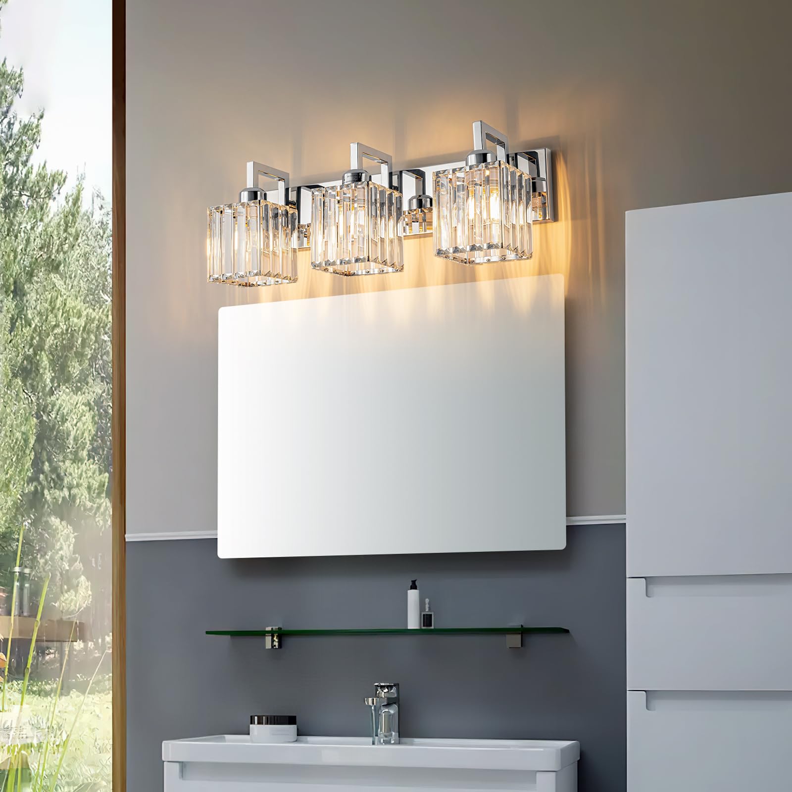 Fdpby Modern Bathroom Vanity Light 3-Lights Chrome Crystal Wall Lamp Bathroom Modern Crystal Vanity Lighting