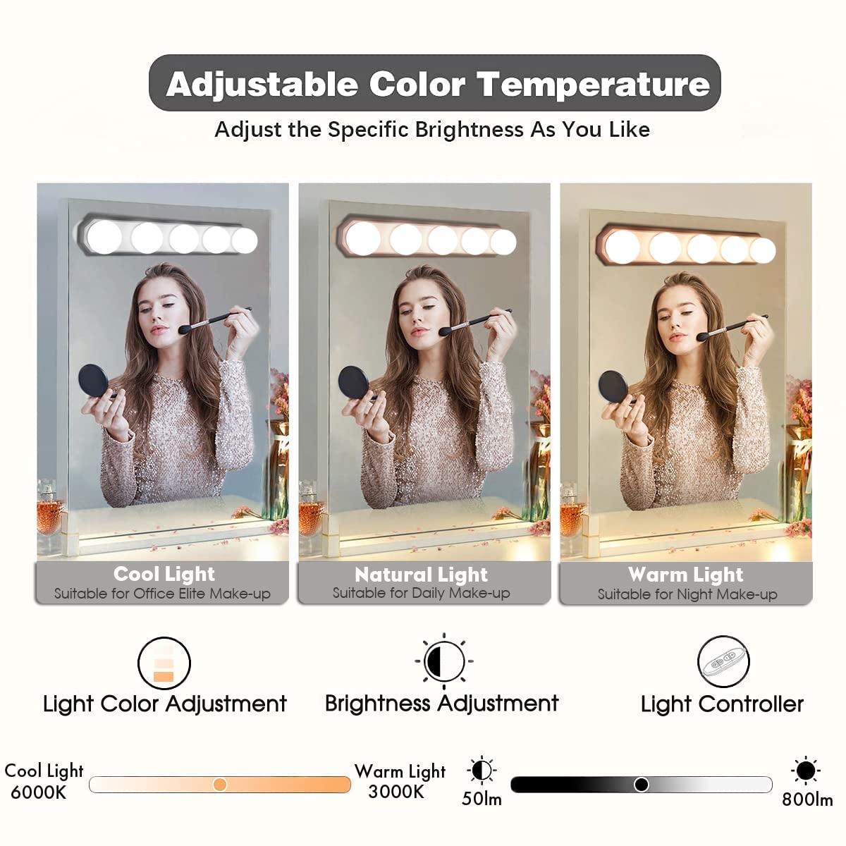 HELOIE Portable LED Makeup Light - Adjustable Dimmable Vanity Lights with 3 Color Modes, White, Model UML-5