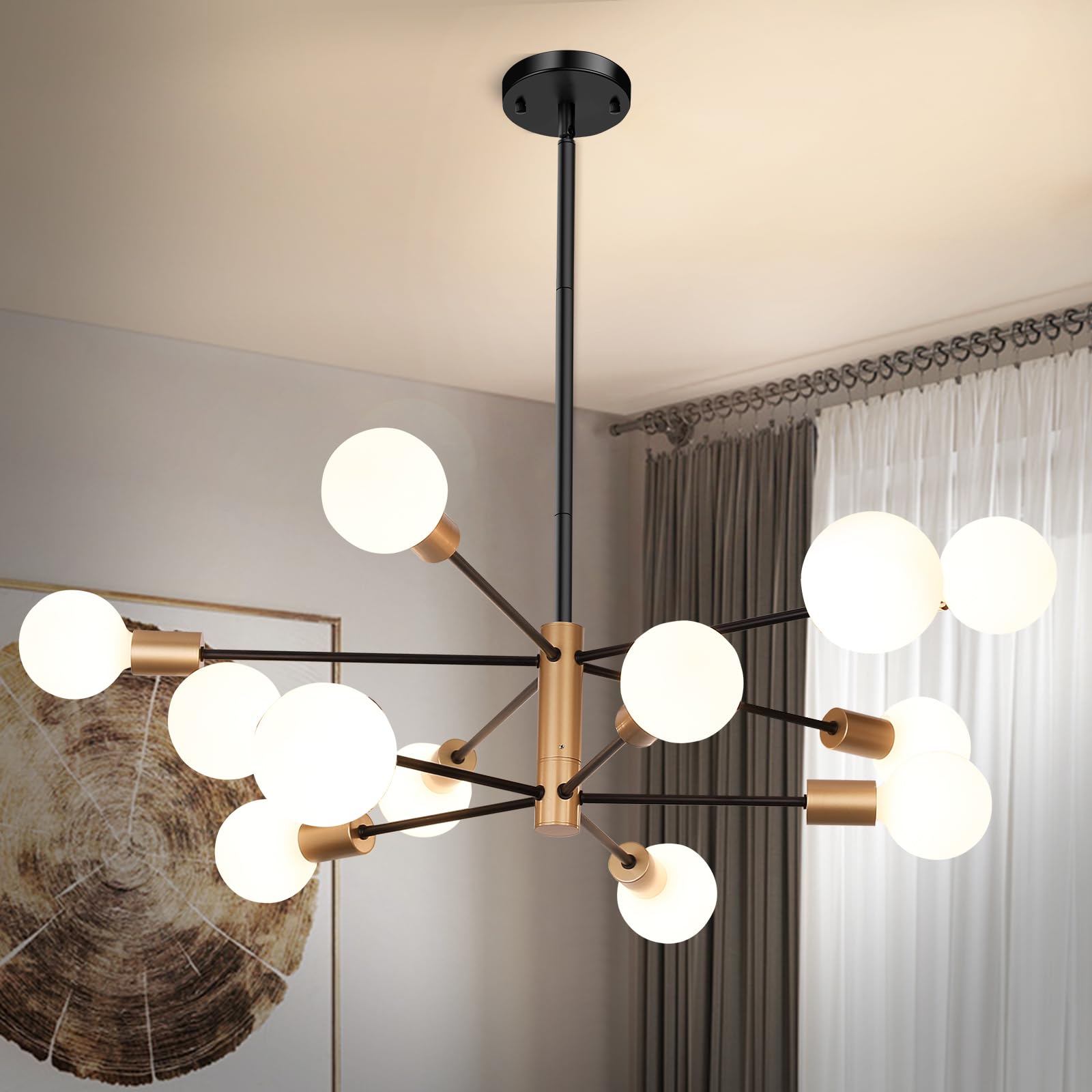 Sheetea 10-Light Sputnik Chandelier, Black And Gold Chandeliers Pendant Lighting, Modern Farmhouse Dinning Room Light Fixture Mid Century Brass, Height Adjustable For Living Room Kitchen Island