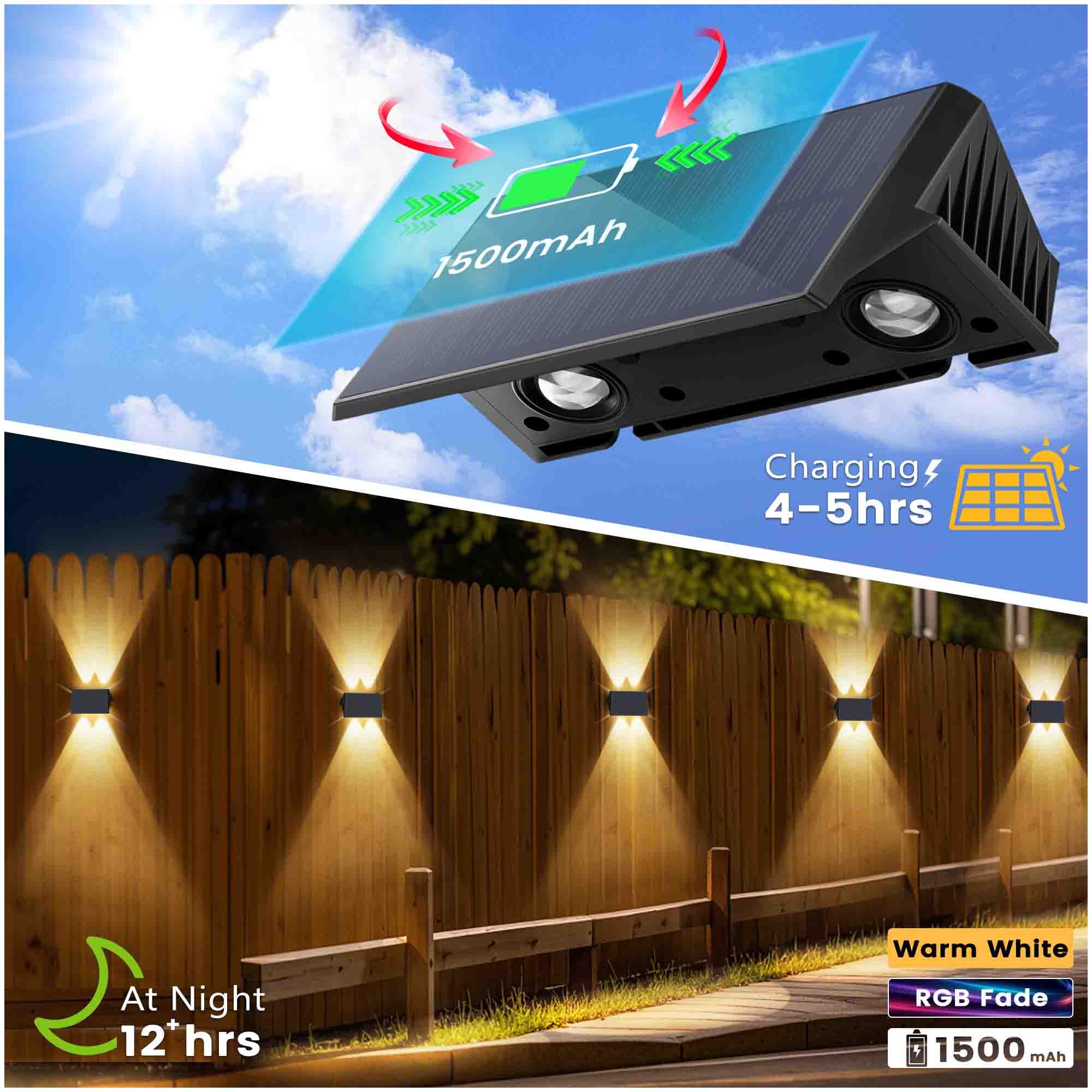 IIRARA Solar Fence Lights, IP67 Waterproof, 100LM Bright, 4-Pack, White & RGB, Model SWL02