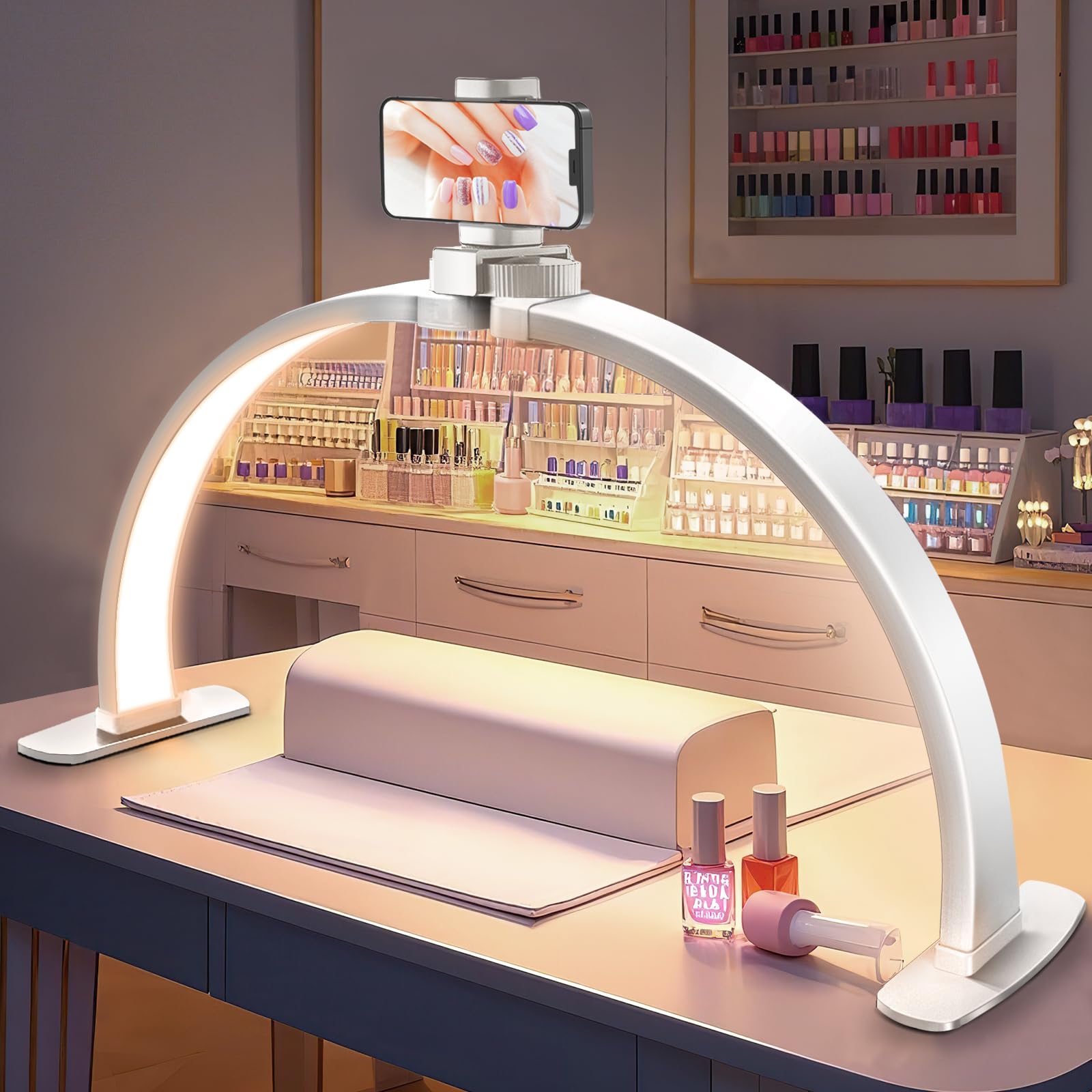 Uiopy Nail Half Moon Light: Professional 29in Stable Moonlight with Phone Holder, 3 Light Color Modes/10 Brightness Adjustable f