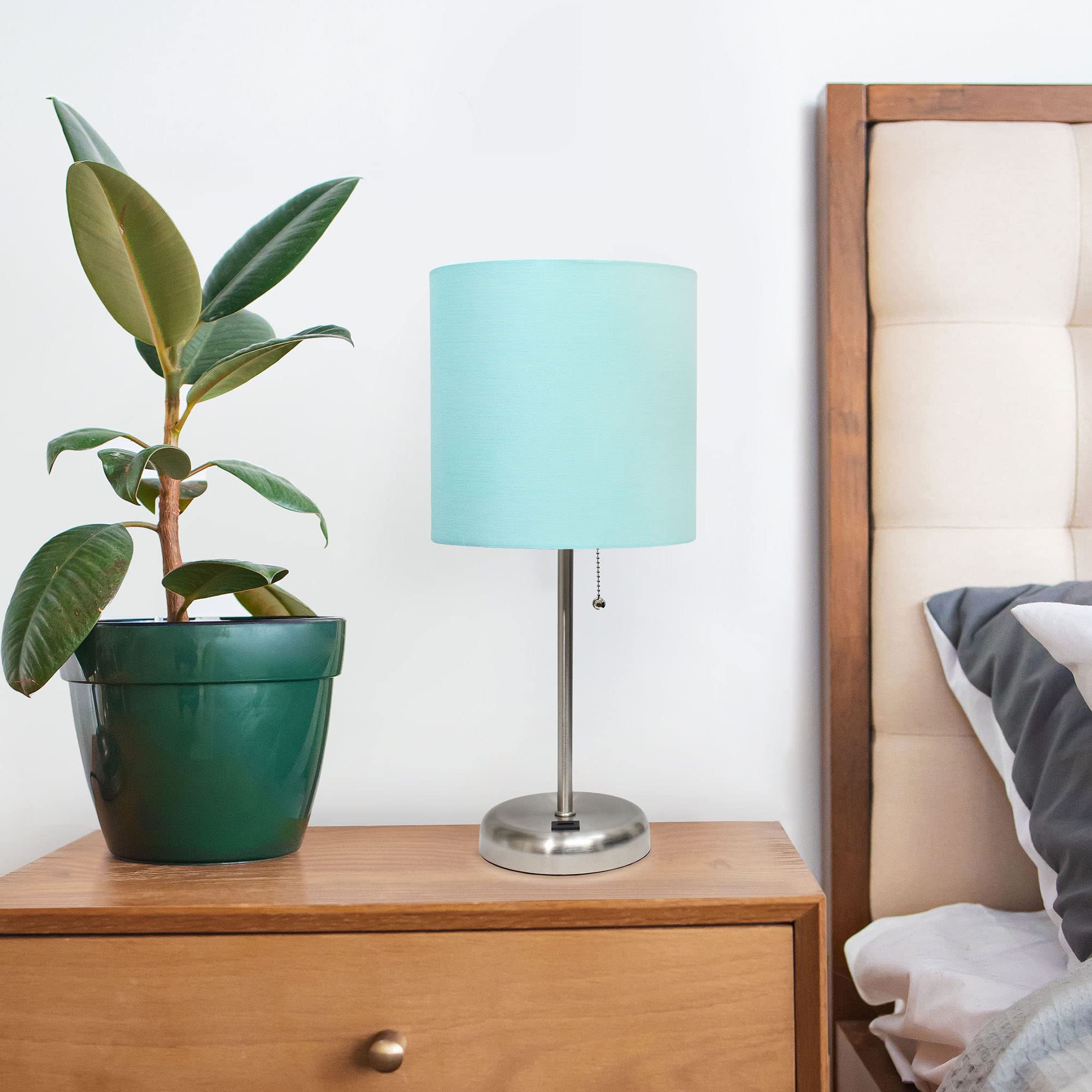 Creekwood Home 19.5&quot; Metal Table Lamp With Usb Port & Aqua Drum Shade, Brushed Steel Finish