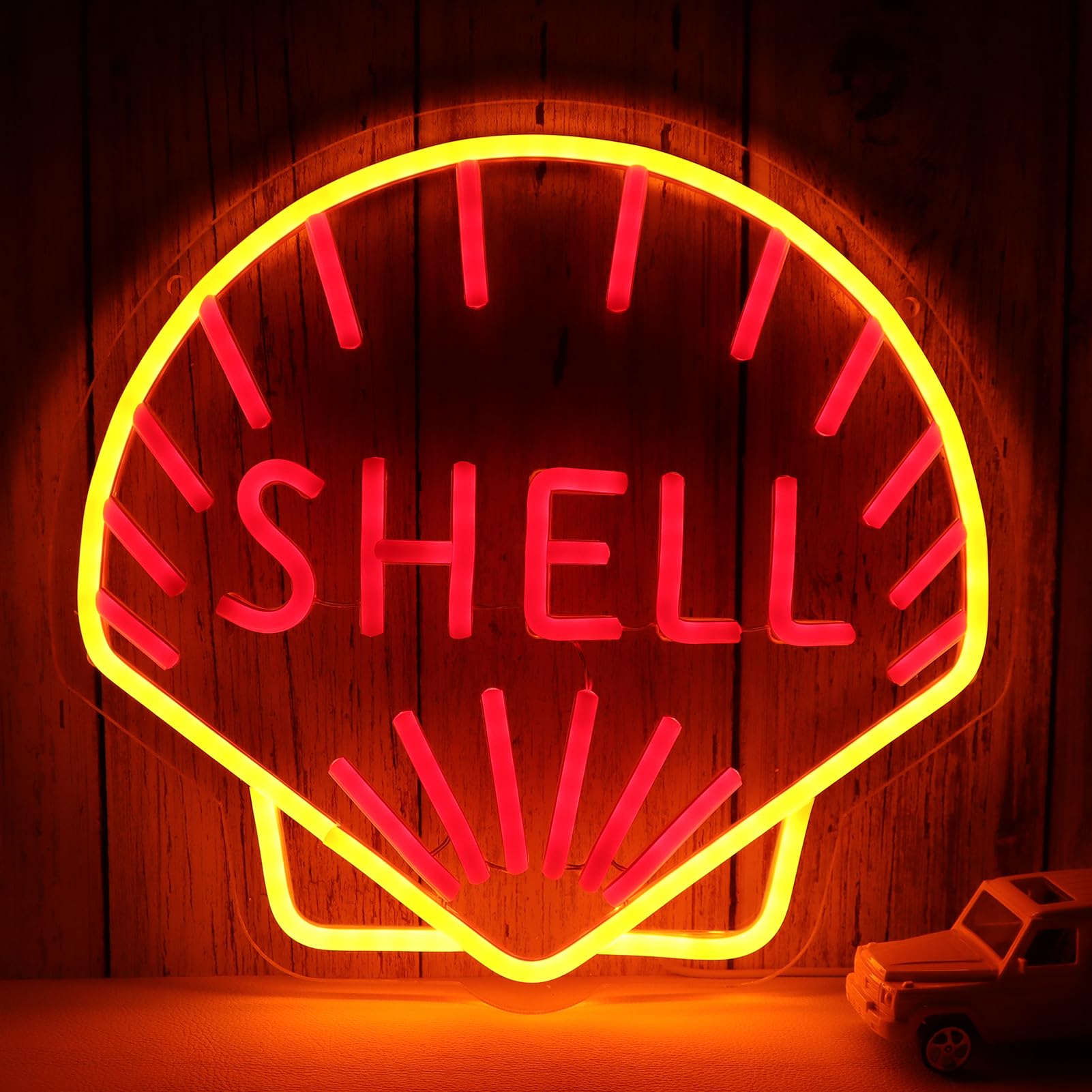 WonderfulLife Shell Logo Neon Sign, LED Garage Decor, 12x13 inches, Orange and Red, Plastic Material