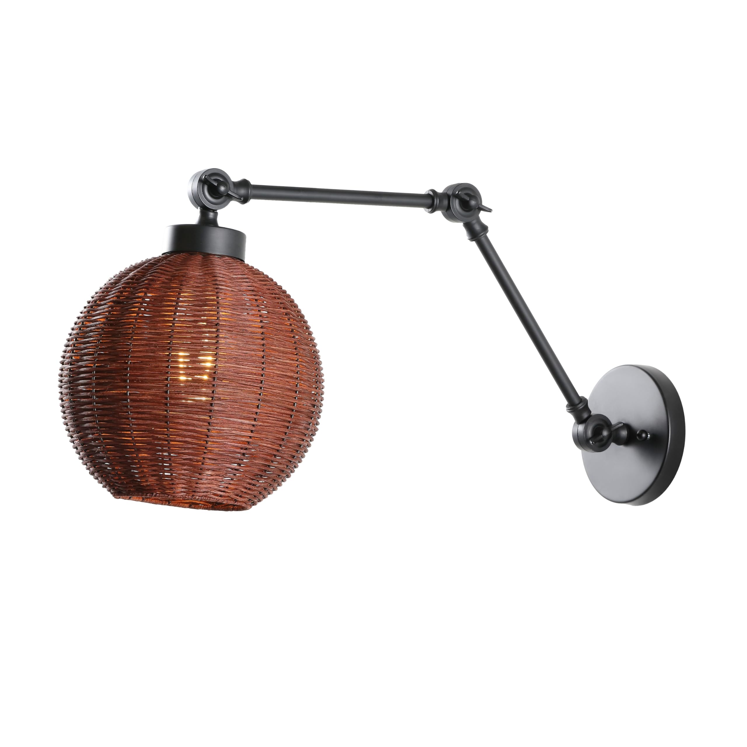 JONATHAN Y 22 Black/Dark Brown 1-Light Rattan and Iron Swing Arm LED Sconce, Mid-Century Vintage Bohemian Globe Wall Lamp, Adjus