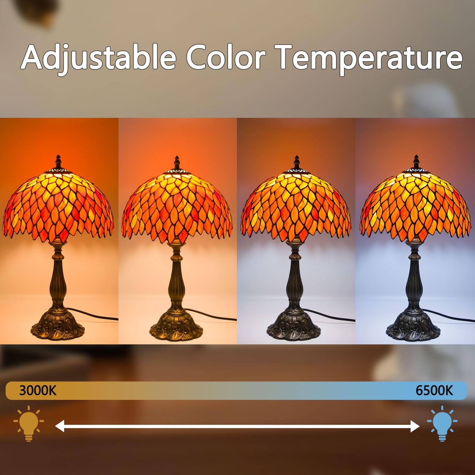 Crefotu 12 Inch Tiffany Table Lamp with Remote Control, Stepless Dimmable, Glass, Orange, Model CFLPUS-004