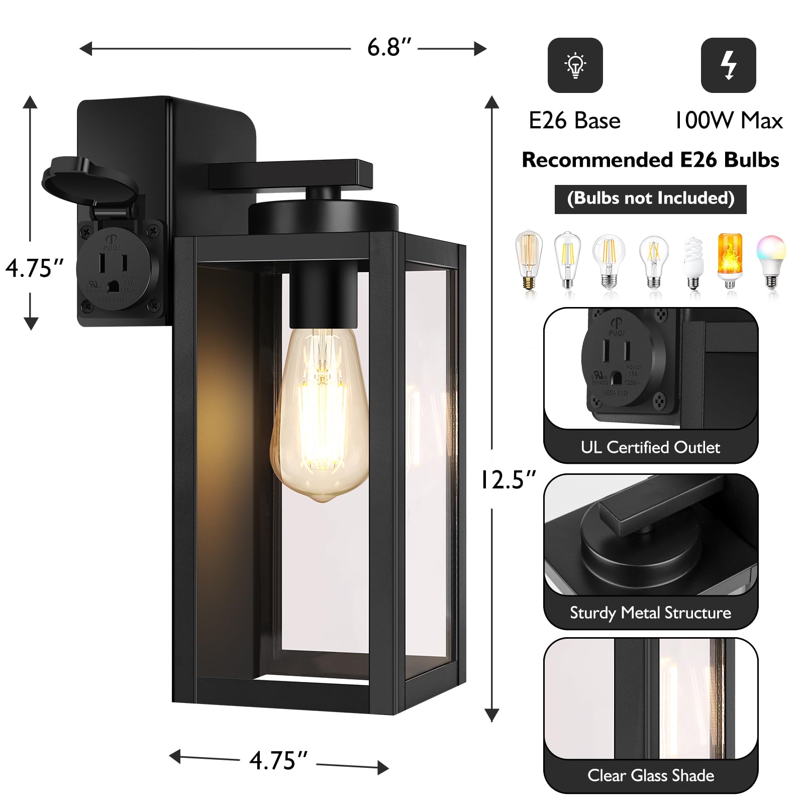 Beslowe Black 2-Pack Outdoor Porch Lights With Ul Outlet, Waterproof Wall Sconces For Front Door