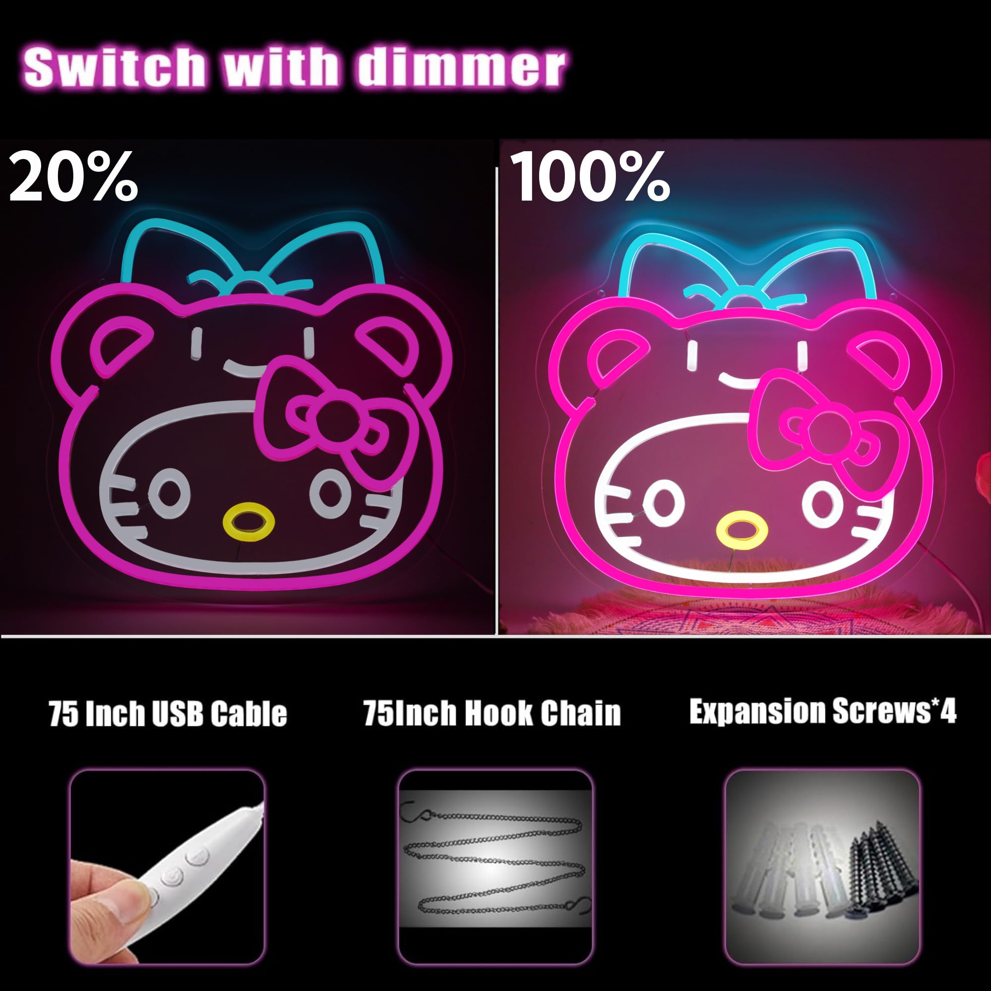 Kitty Cat Dressed As Cheer Bear Neon Sign for Wall Decor kitty Led Light Room Decor Japanese Neon Light LED Sign for Anime Fans