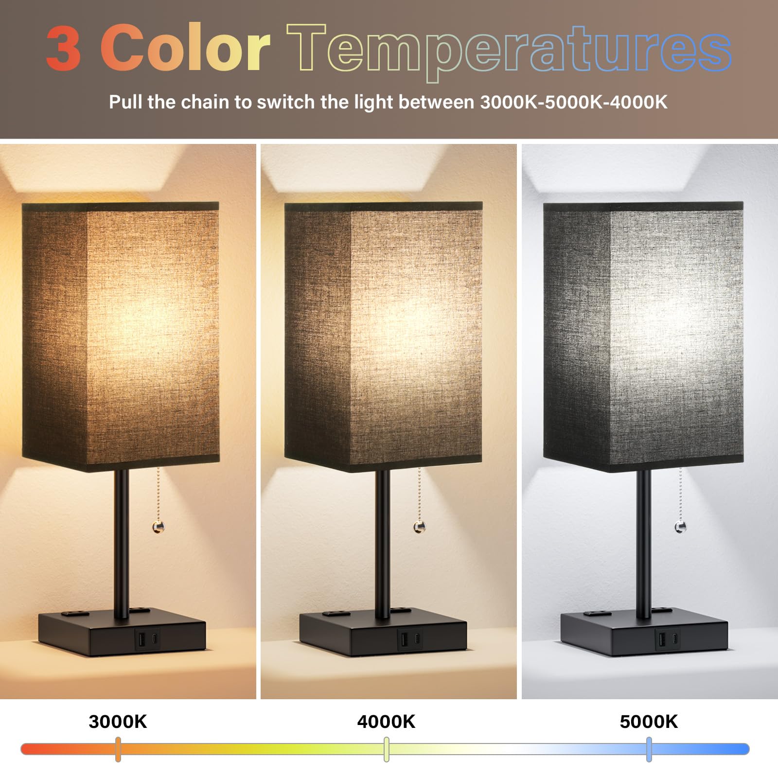 Balck Table Lamps For Bedroom Set Of 2 Nightstand - 17.4In Tall, 3 Color Bedside Lamps With Ac Outlets And Usb A & C For Chargin