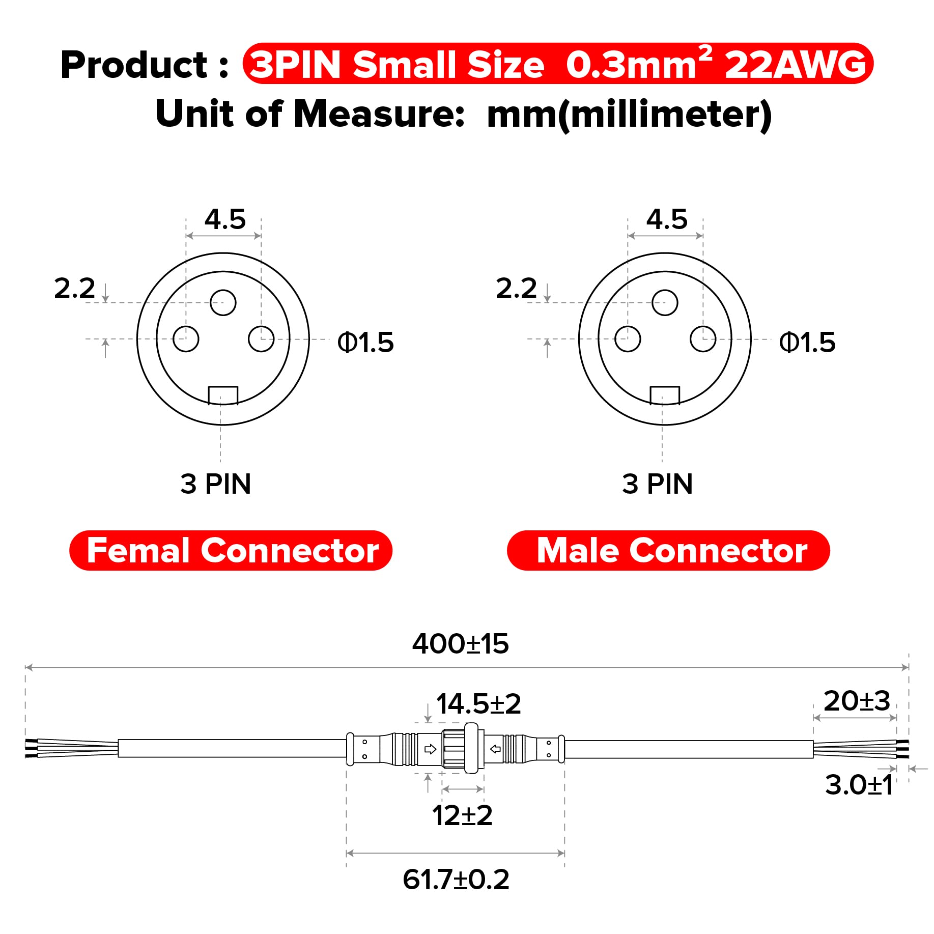 Hysmigor 3 Pin Electrical Connector 22Awg Ip65 Male Female Connector 7.87In/20Cm Extension Cable For Car,Truck,Boat,Indoor/Outdo