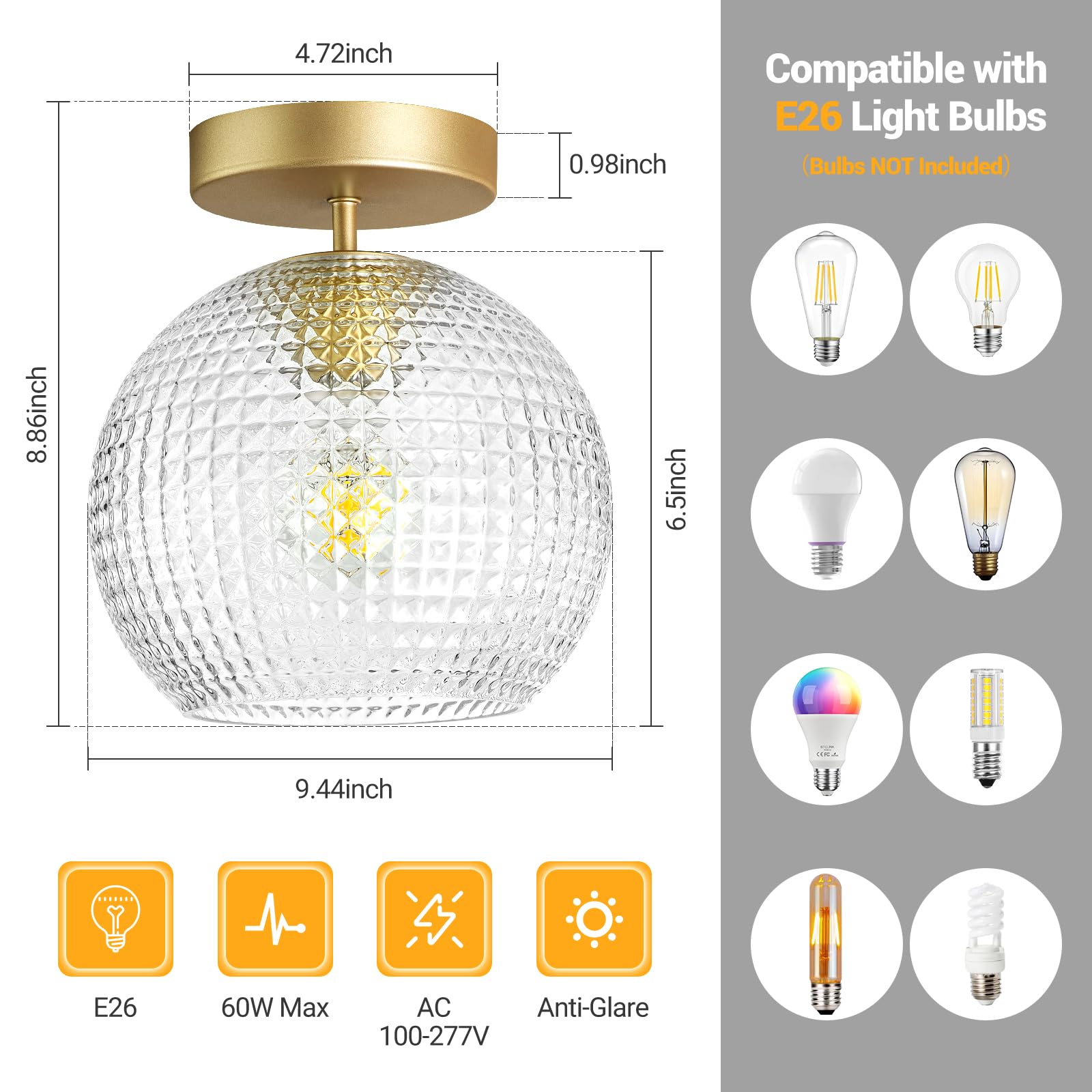 VANoopee Gold Semi Flush Mount Ceiling Light Fixture, Hallway Lighting Fixtures Ceiling, Vintage Close to Ceiling Light Fixture,