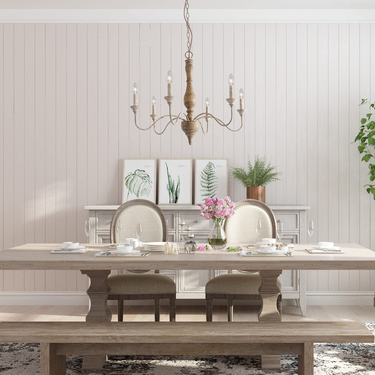 Gepow 6-Light Distressed Wood Chandelier, Farmhouse Ceiling Light For Dining Room & Kitchen