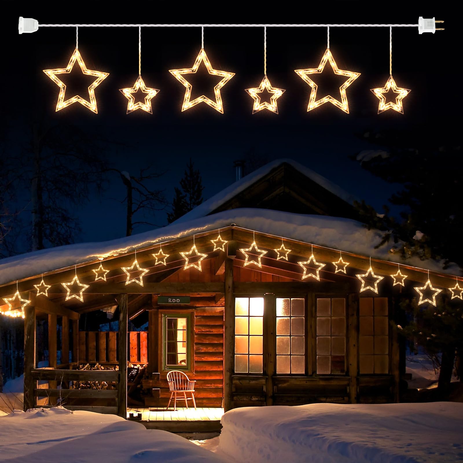 Christmas Star Icicle String Lights with 6 Drops - 9ft Star Window Lights with 100 Mini Bulbs, Plug-in Connectable Curtain Hangi
