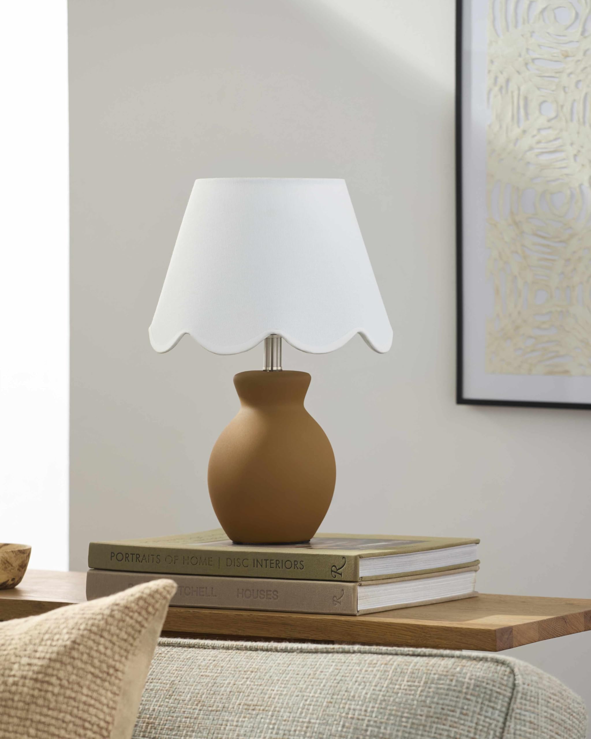 BoutiqueRugs Ceramic Bedside Table Lamp - 15inH x 8inW x 8inD - Tan, White - Model SPXZVD4
