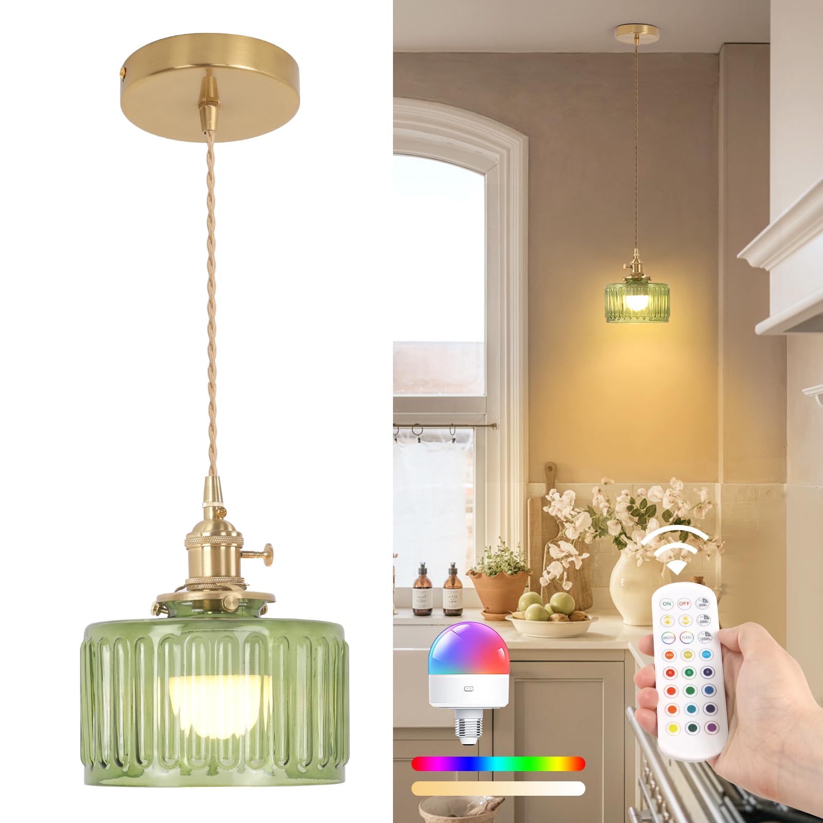 Shenmoyl Battery Operated Pendant Light 5000mAh with Remote Control, Glass, Z-Striped Green, 1 Pack, Model 08e44cff-1193-471