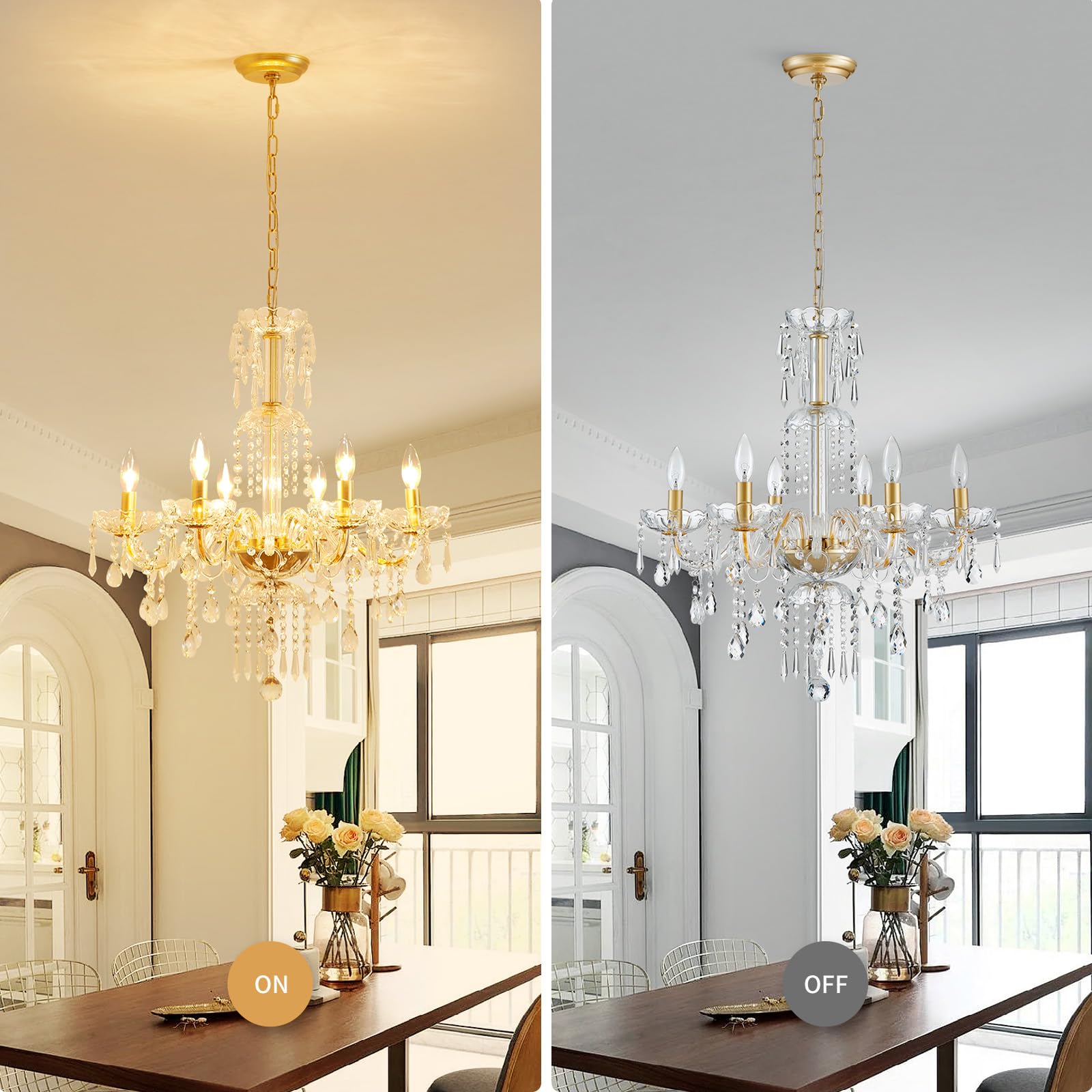 Wuzups 6-Light Crystal Candle Chandelier Pendant Ceiling Light Modern Lighting Fixture For Bedroom Hallway Bar Kitchen Bathroom  H 25.6 W 24.4  E12 Base  Gold