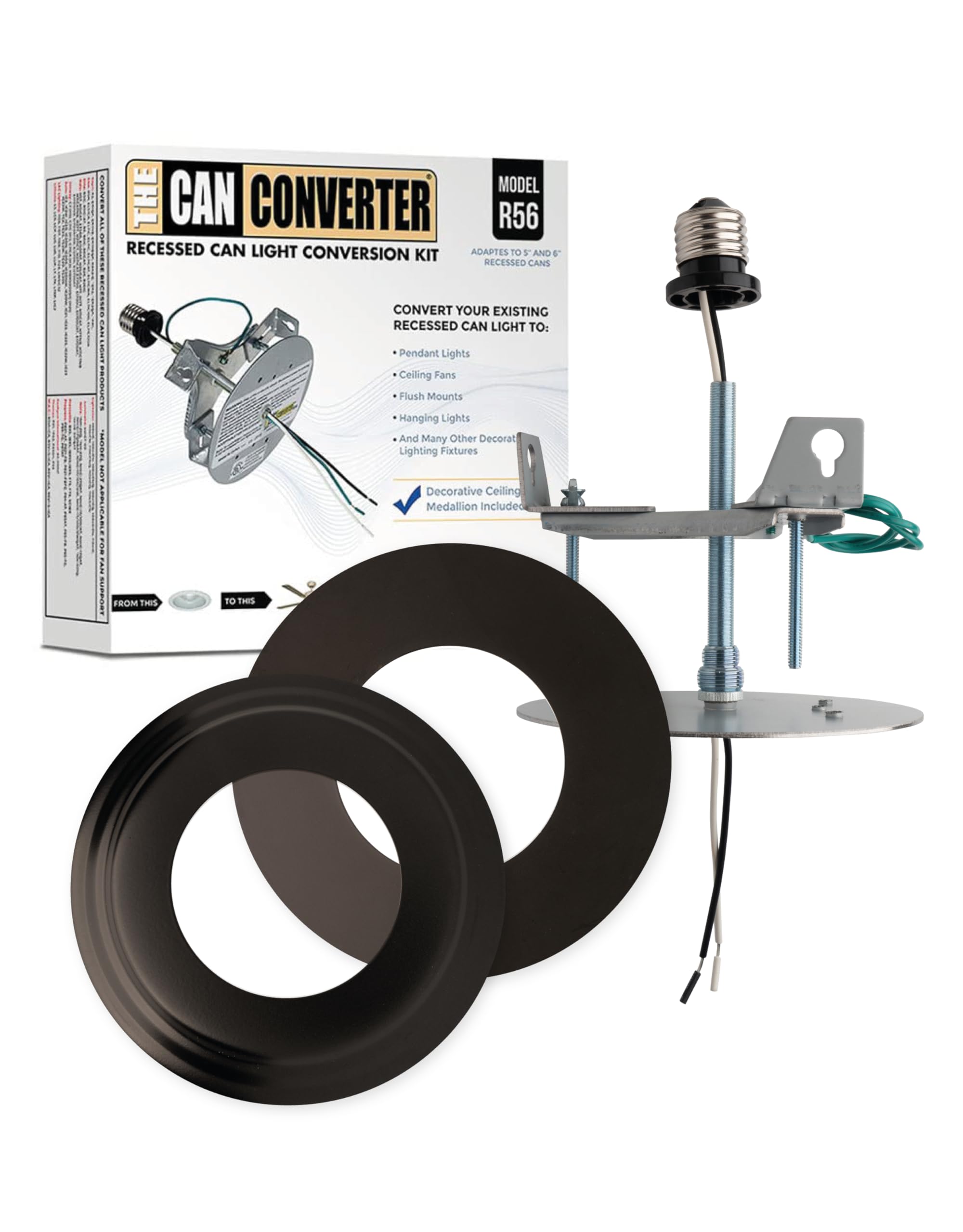 The Can Converter Recessed Can Light Conversion Kit, Matte Black, 7in¾ Flat & Beveled Ceiling Medallion, UL Certified