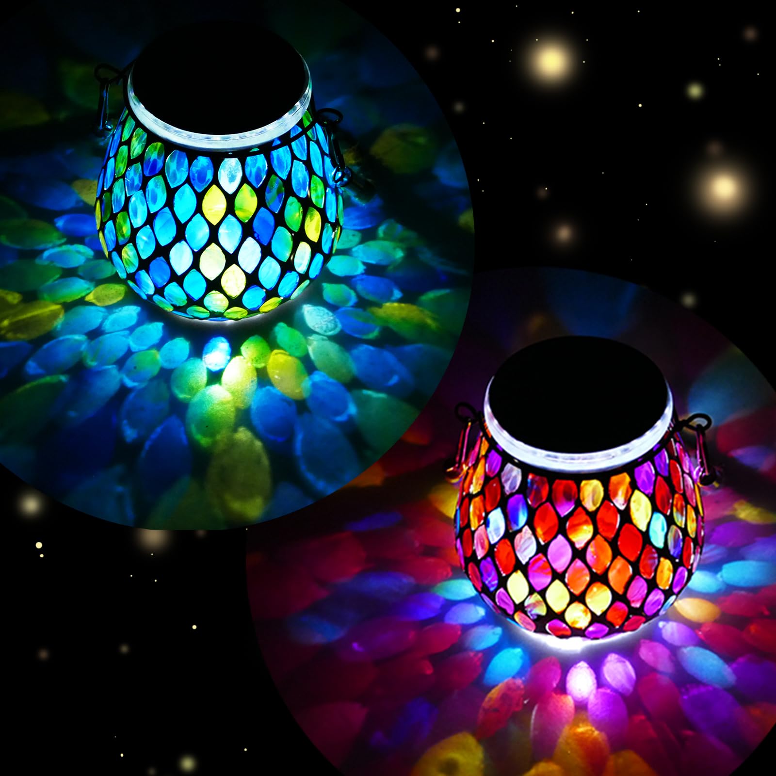 2 Pack Mosaic Blue & Red Solar Lanterns, Outdoor Glass Hanging Lights, Waterproof, Solar Table Lamps, Christmas Gifts for Women 