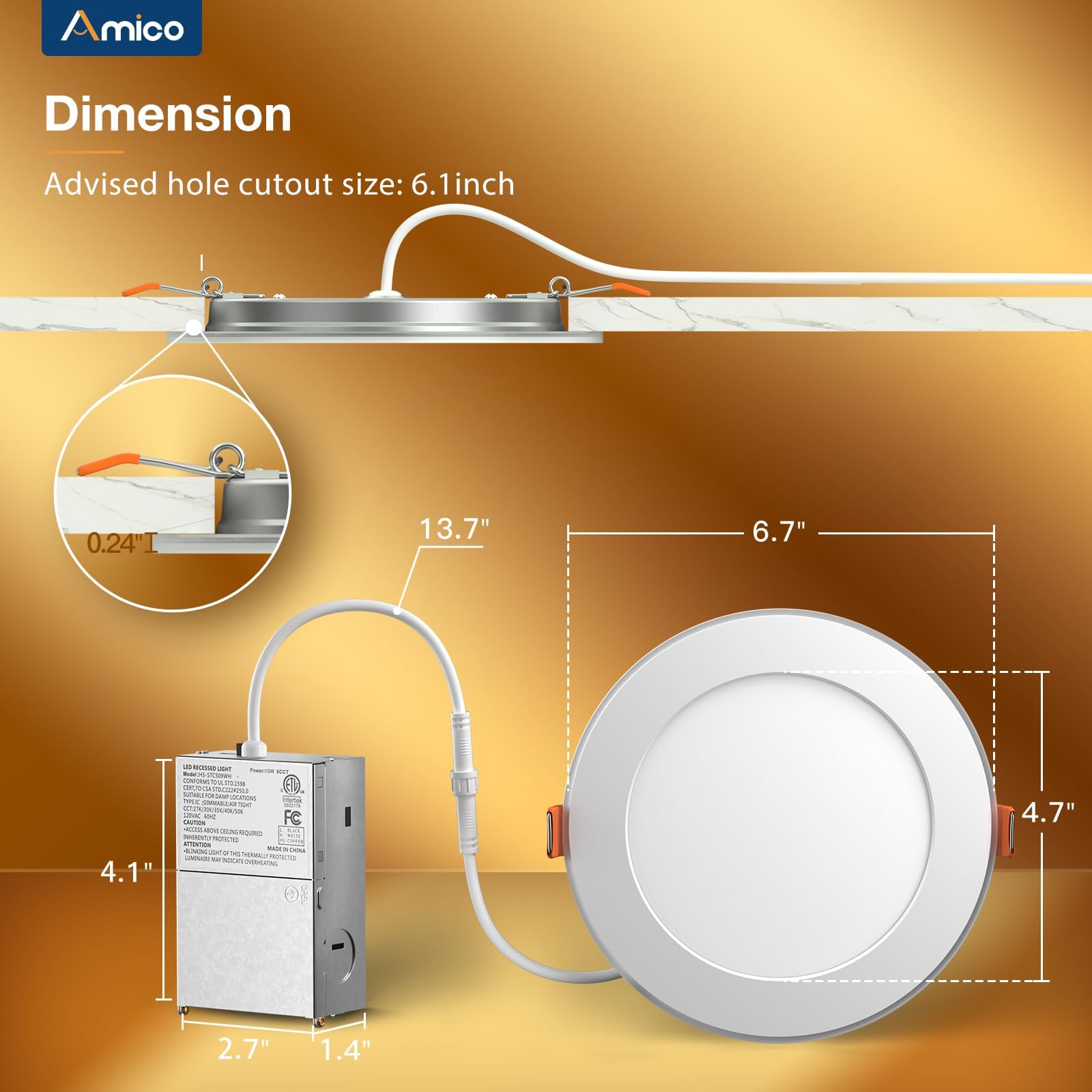 Amico 20 Pack 6 Inch LED Recessed Ceiling Light, 5CCT Dimmable, Ultra-Thin, 1100LM, Model HS-SYDA512WH, Amber
