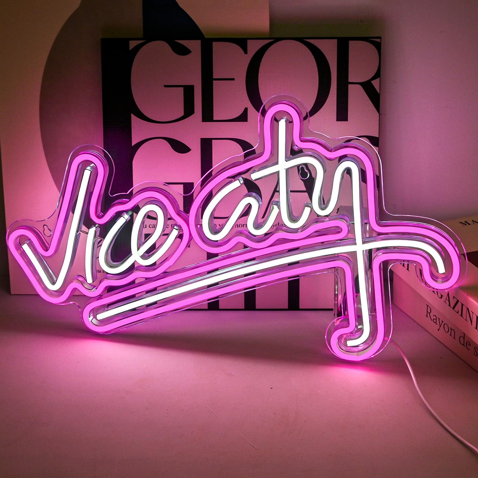 NXYX Neon Sign Pink LED for Bedroom Wall Decor, USB Powered, 18.5x11.4 inches, Vice City, Model NXYX-NS-Vice City