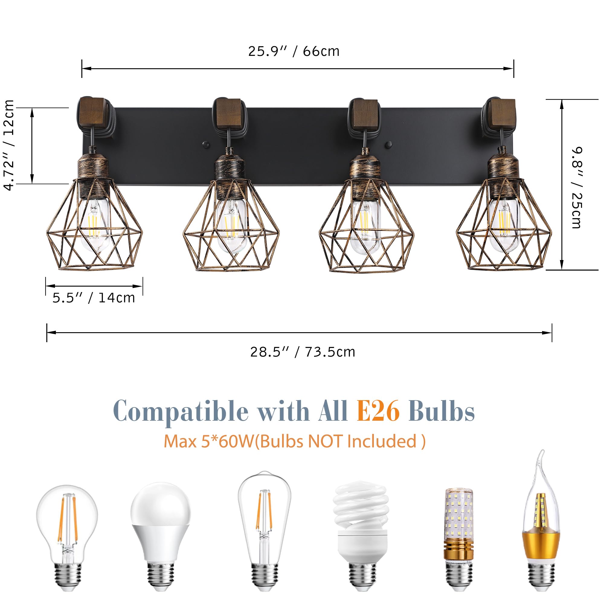 Farmhouse Bathroom Light Fixtures, 4-Light Bathroom Lighting Fixtures Over Mirror, Rustic Wood Black Gold Vanity Lights Wall Sco