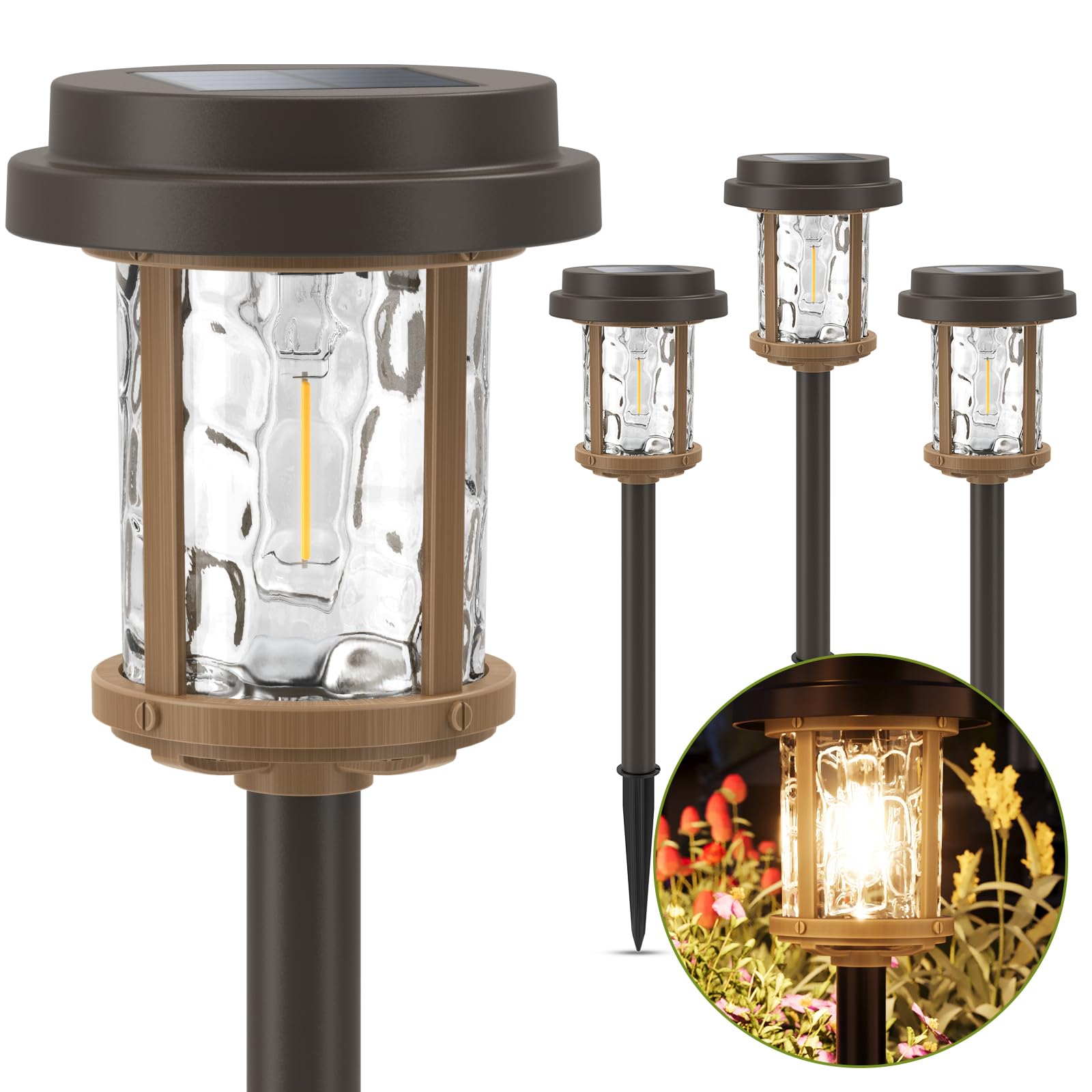 XMCOSY+ Solar Pathway Lights  Dual-Tone Solar Lights Outdoor Waterproof IP65  20 LM LED Bright Glass Outside Light for Garden Path Yard Walkway Driveway (Black & Brown)