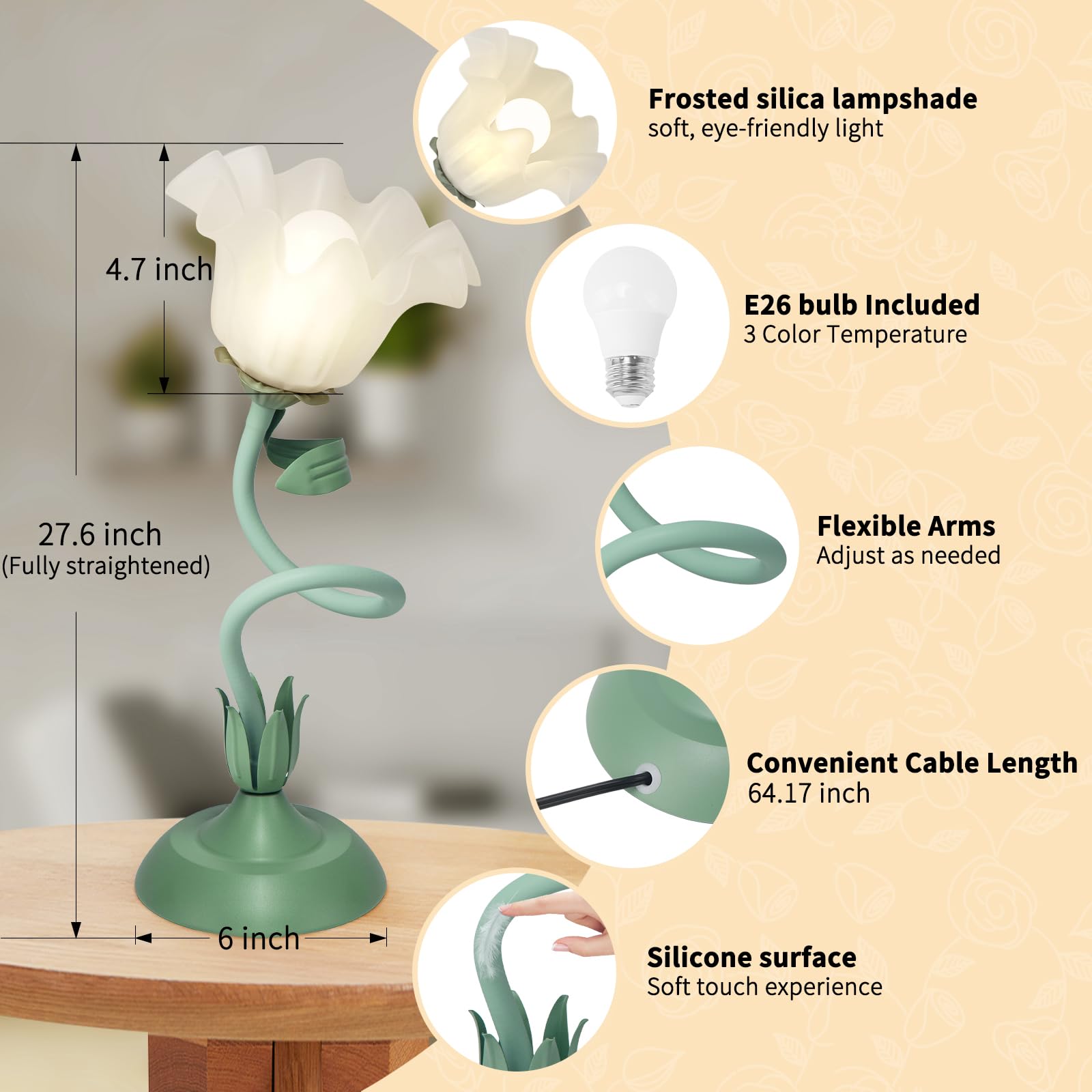 Fuzzbopn Cute Flower Desk Lamp, 3 Color Temperature Table Lamp With Led Bulb, Vintage Bedside Lamps, Reading Lamps With Soft Light For Bedroom, Living Room